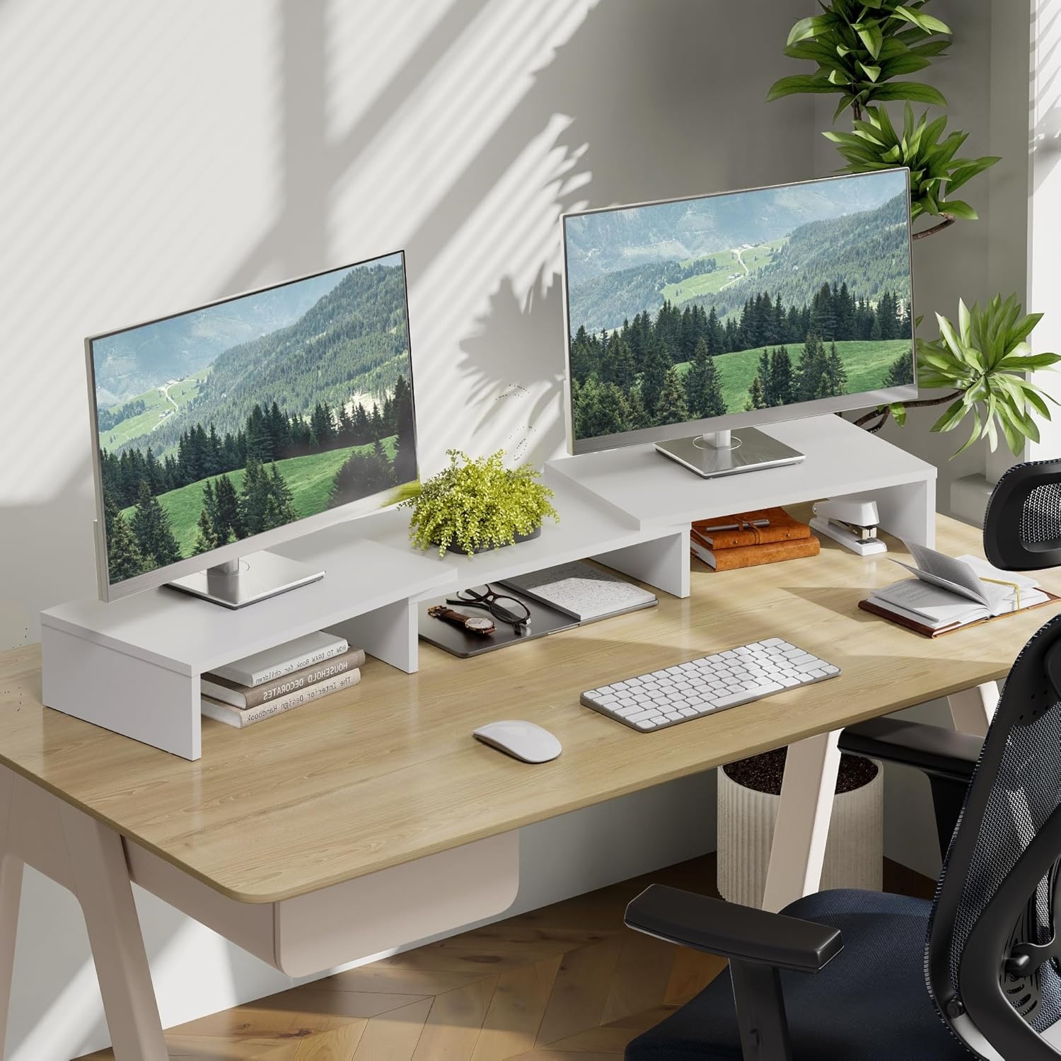 image:imageFITUEYES Dual Monitor Stand 3 Shelf Computer Monitor Riser Wood Desktop Stand with Adjustable Length and Angle Desk Accessories Office Supplies Medium Oak DT108006WOWhite
