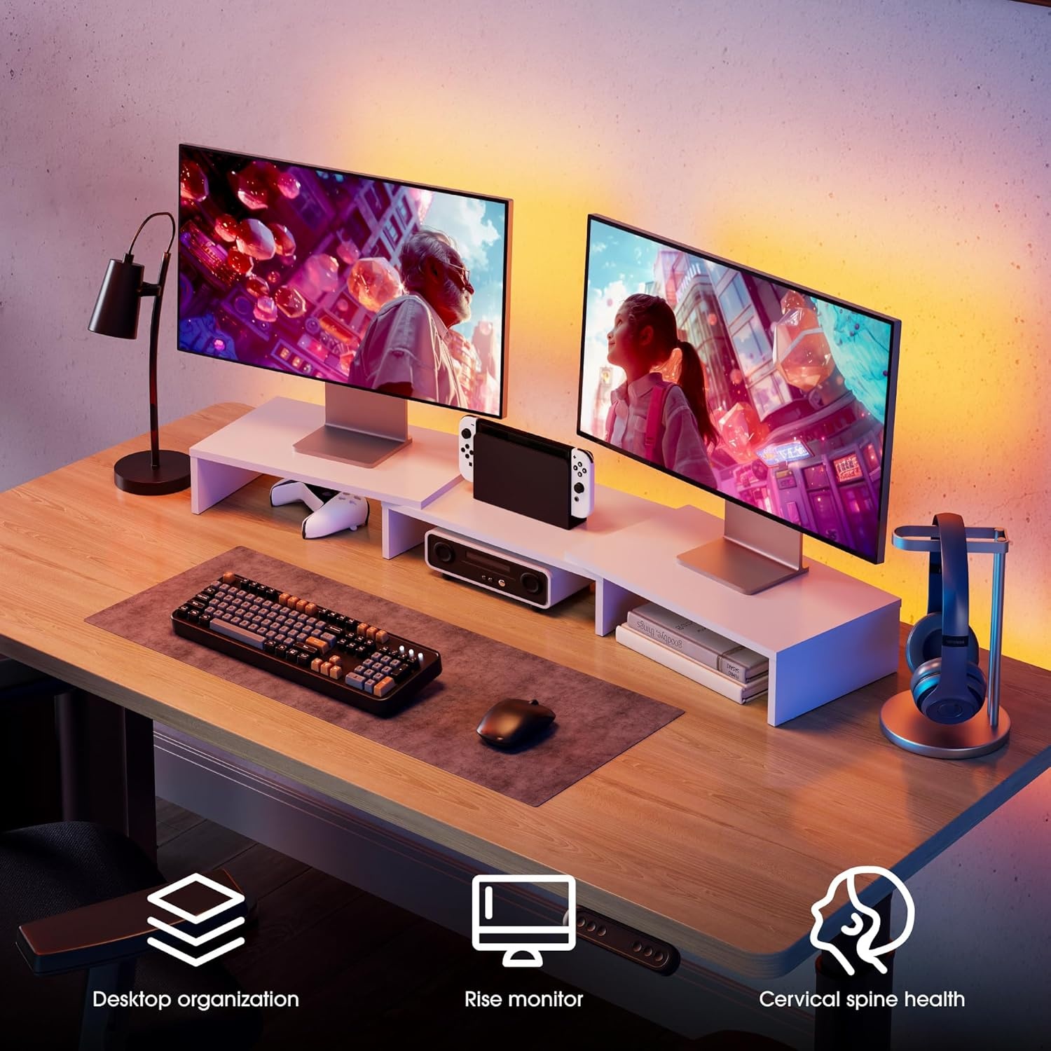 image:imageFITUEYES Dual Monitor Stand 3 Shelf Computer Monitor Riser Wood Desktop Stand with Adjustable Length and Angle Desk Accessories Office Supplies Medium Oak DT108006WOWhite