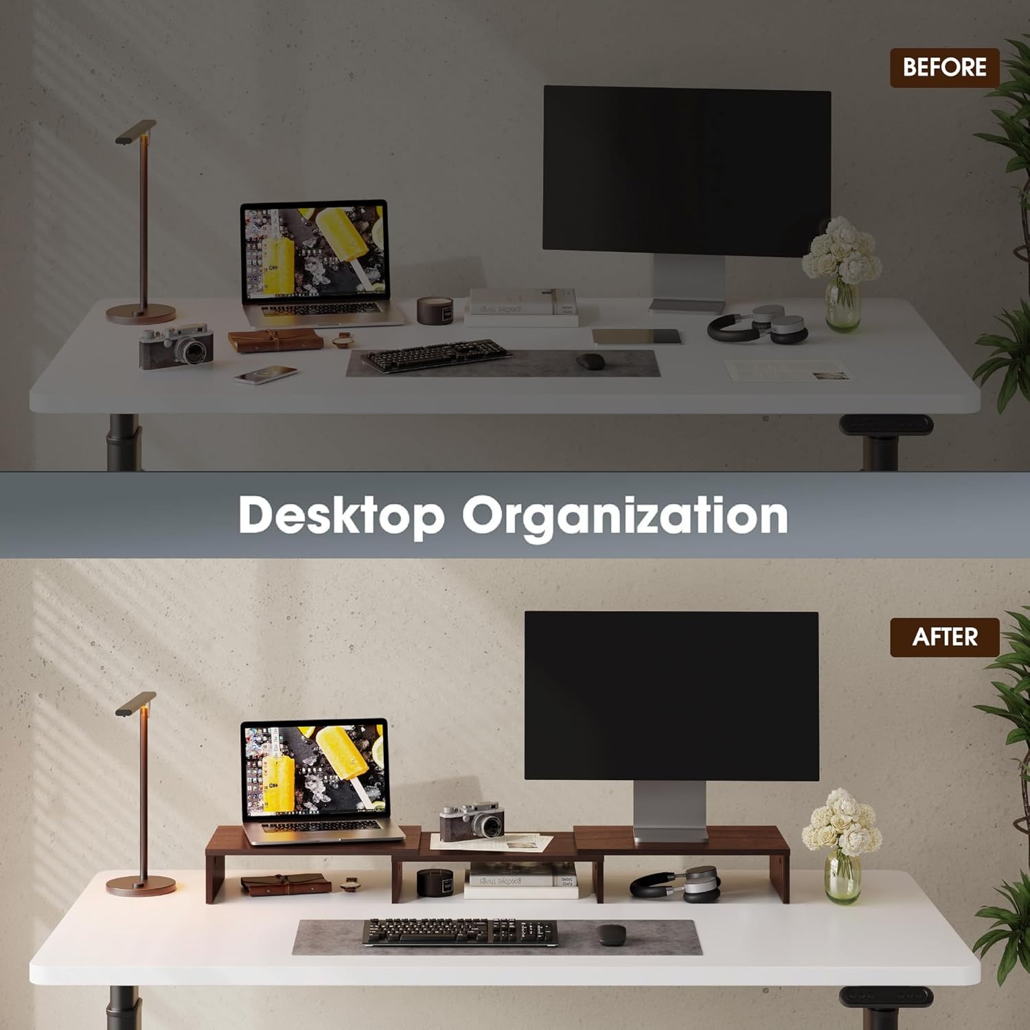 image:imageFITUEYES Dual Monitor Stand 3 Shelf Computer Monitor Riser Wood Desktop Stand with Adjustable Length and Angle Desk Accessories Office Supplies Medium Oak DT108006WOBrown