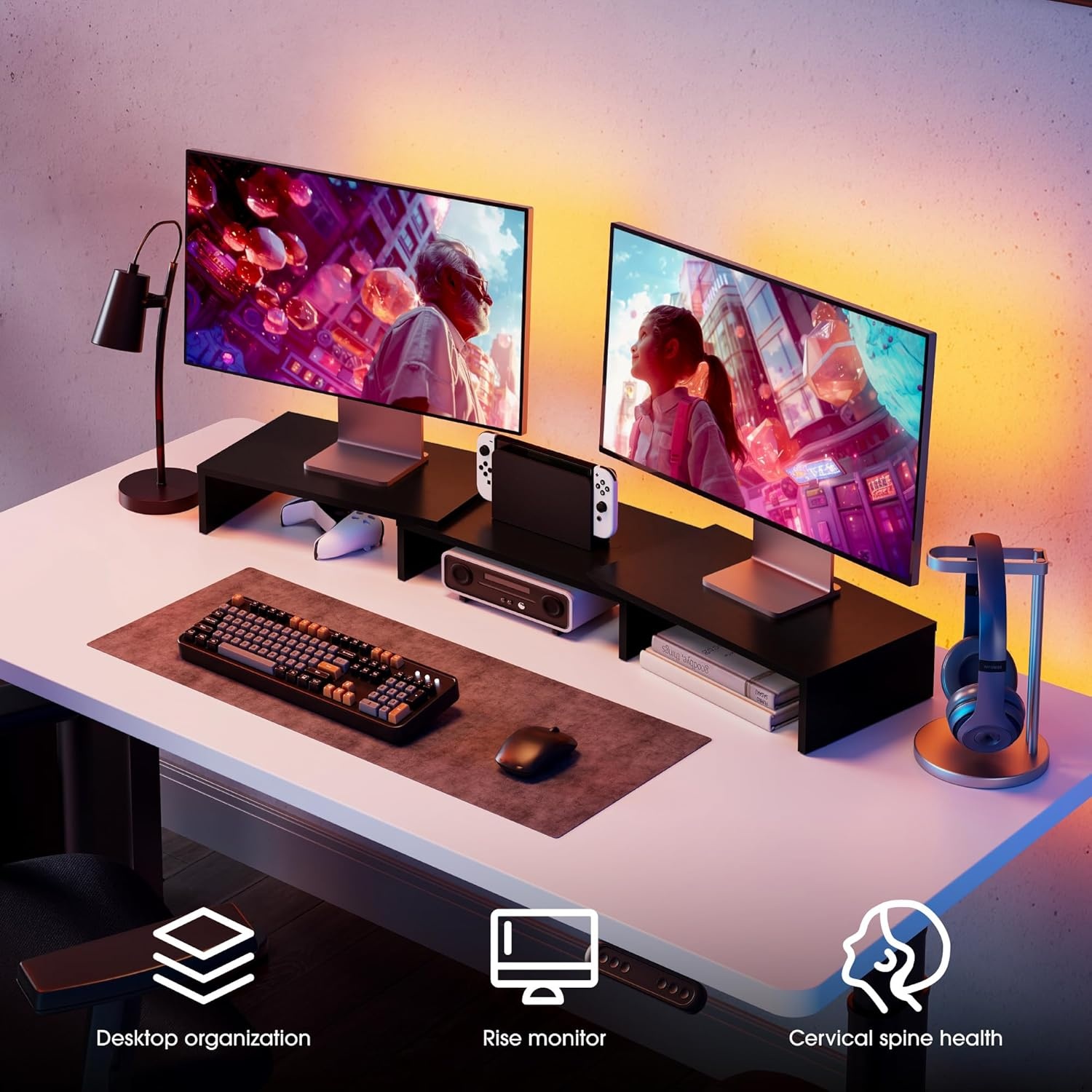 image:imageFITUEYES Dual Monitor Stand 3 Shelf Computer Monitor Riser Wood Desktop Stand with Adjustable Length and Angle Desk Accessories Office Supplies Medium Oak DT108006WOBlack