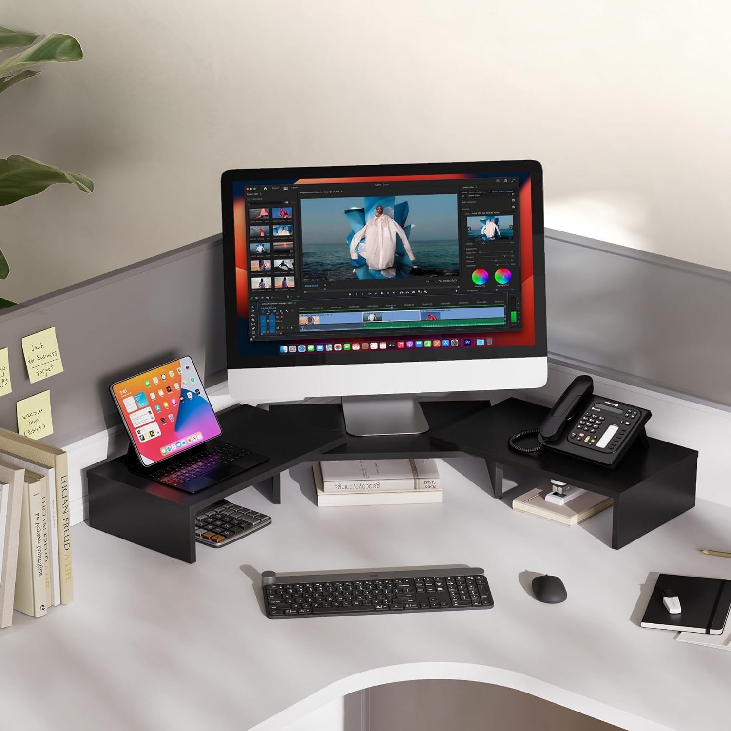 image:imageFITUEYES Dual Monitor Stand 3 Shelf Computer Monitor Riser Wood Desktop Stand with Adjustable Length and Angle Desk Accessories Office Supplies Medium Oak DT108006WOBlack