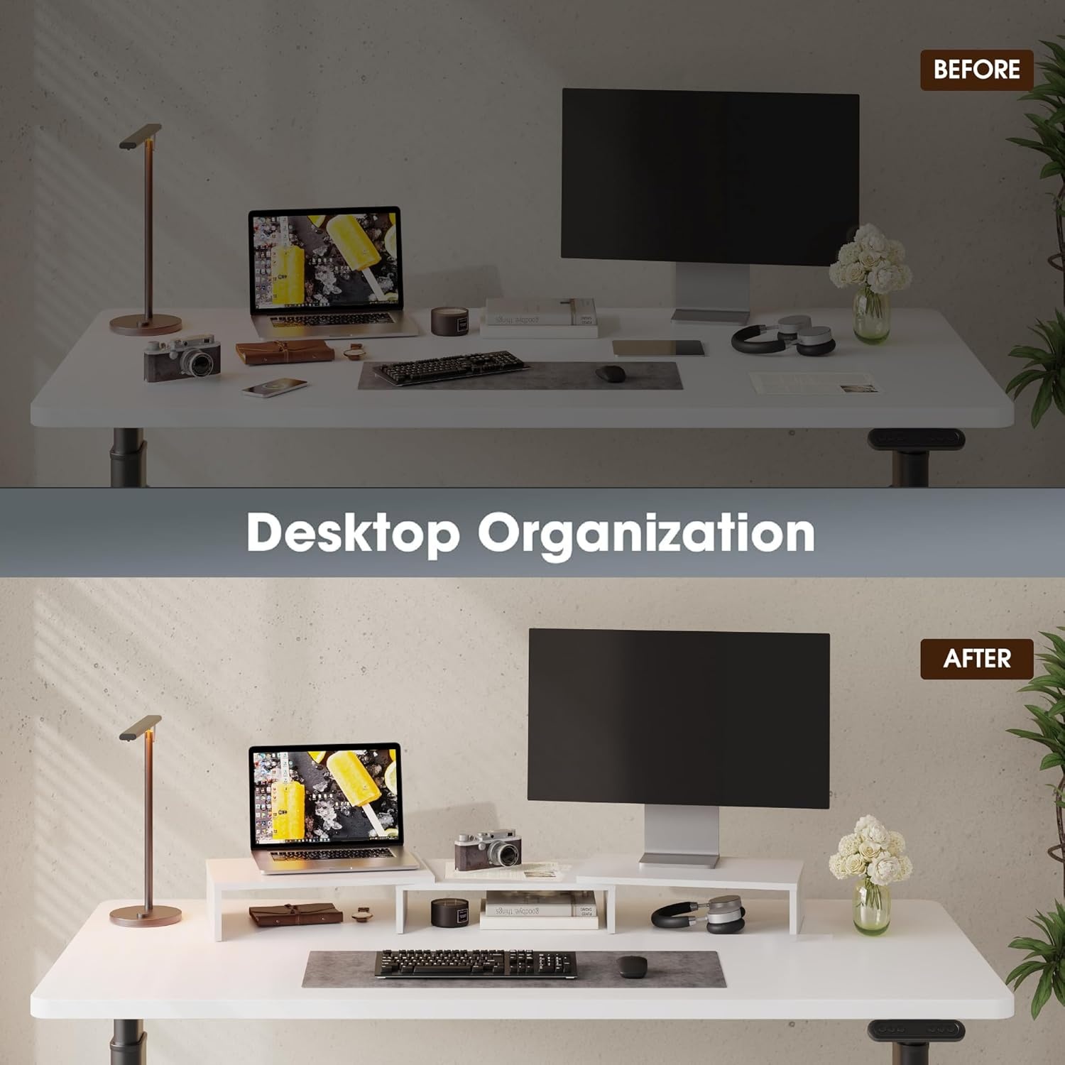 image:imageFITUEYES Dual Monitor Stand 3 Shelf Computer Monitor Riser Wood Desktop Stand with Adjustable Length and Angle Desk Accessories Office Supplies Medium Oak DT108006WOWhite
