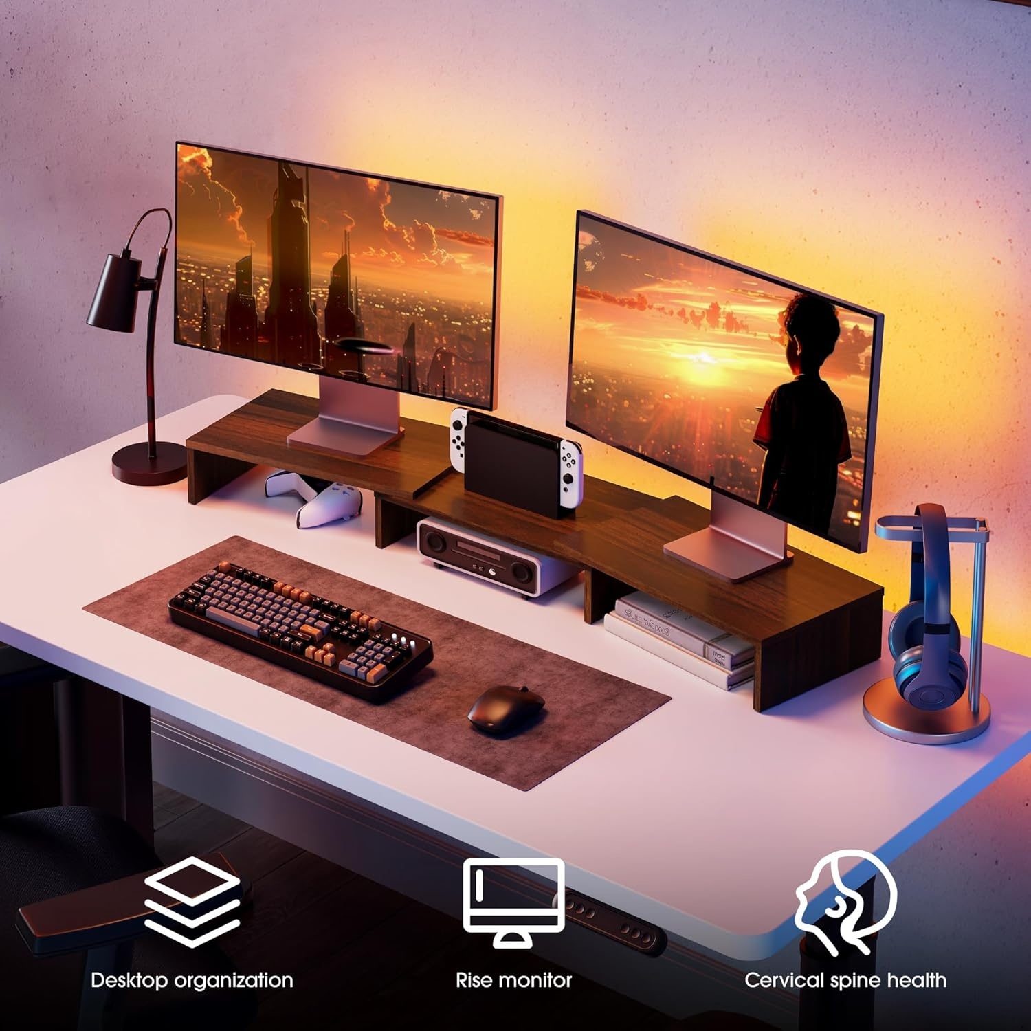 image:imageFITUEYES Dual Monitor Stand 3 Shelf Computer Monitor Riser Wood Desktop Stand with Adjustable Length and Angle Desk Accessories Office Supplies Medium Oak DT108006WOBrown