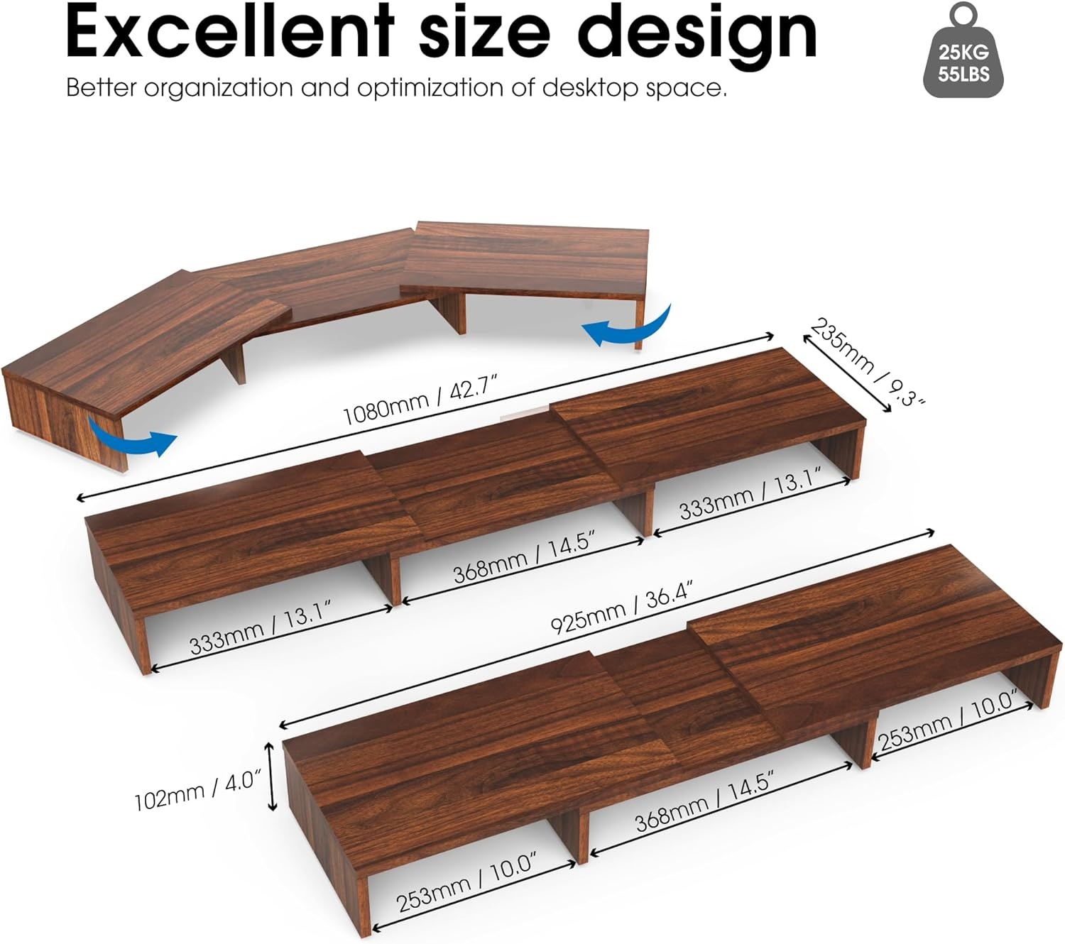 image:imageFITUEYES Dual Monitor Stand 3 Shelf Computer Monitor Riser Wood Desktop Stand with Adjustable Length and Angle Desk Accessories Office Supplies Medium Oak DT108006WOBrown