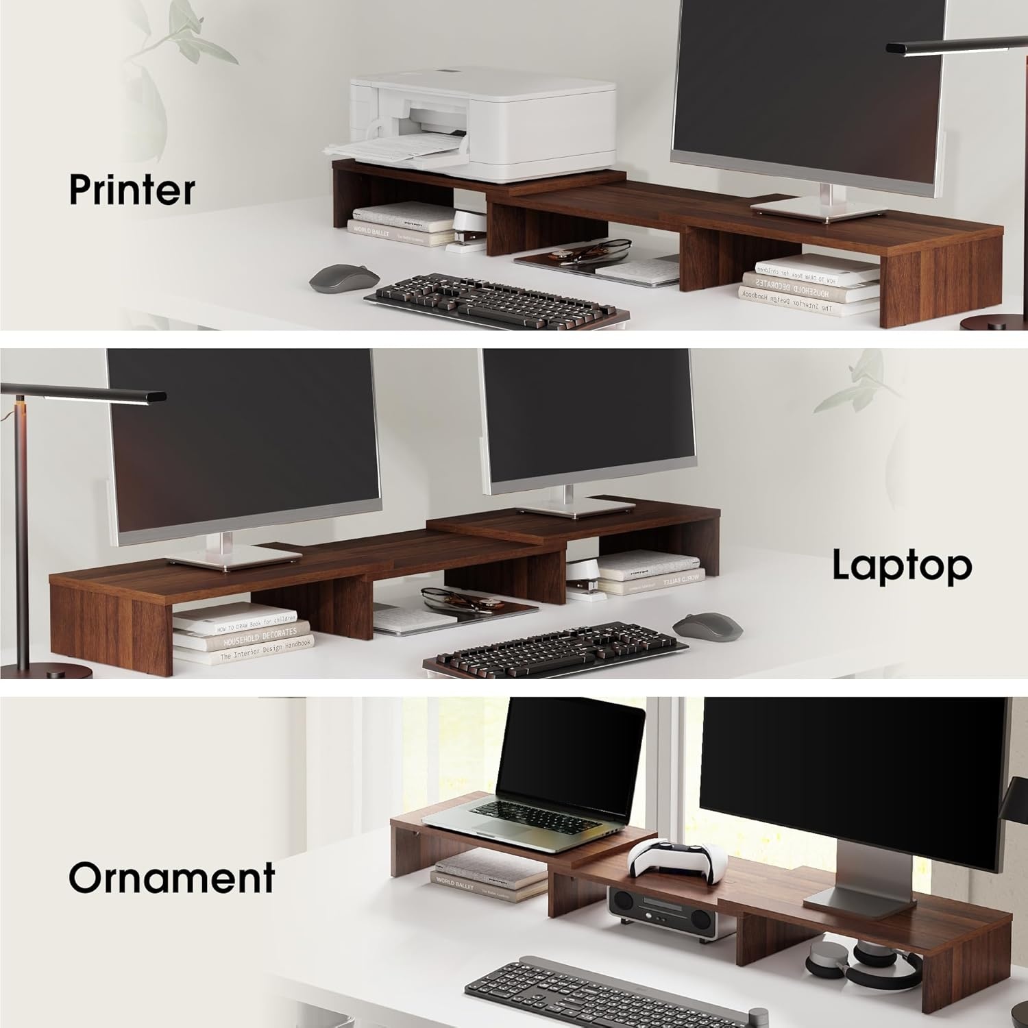 image:imageFITUEYES Dual Monitor Stand 3 Shelf Computer Monitor Riser Wood Desktop Stand with Adjustable Length and Angle Desk Accessories Office Supplies Medium Oak DT108006WOBrown