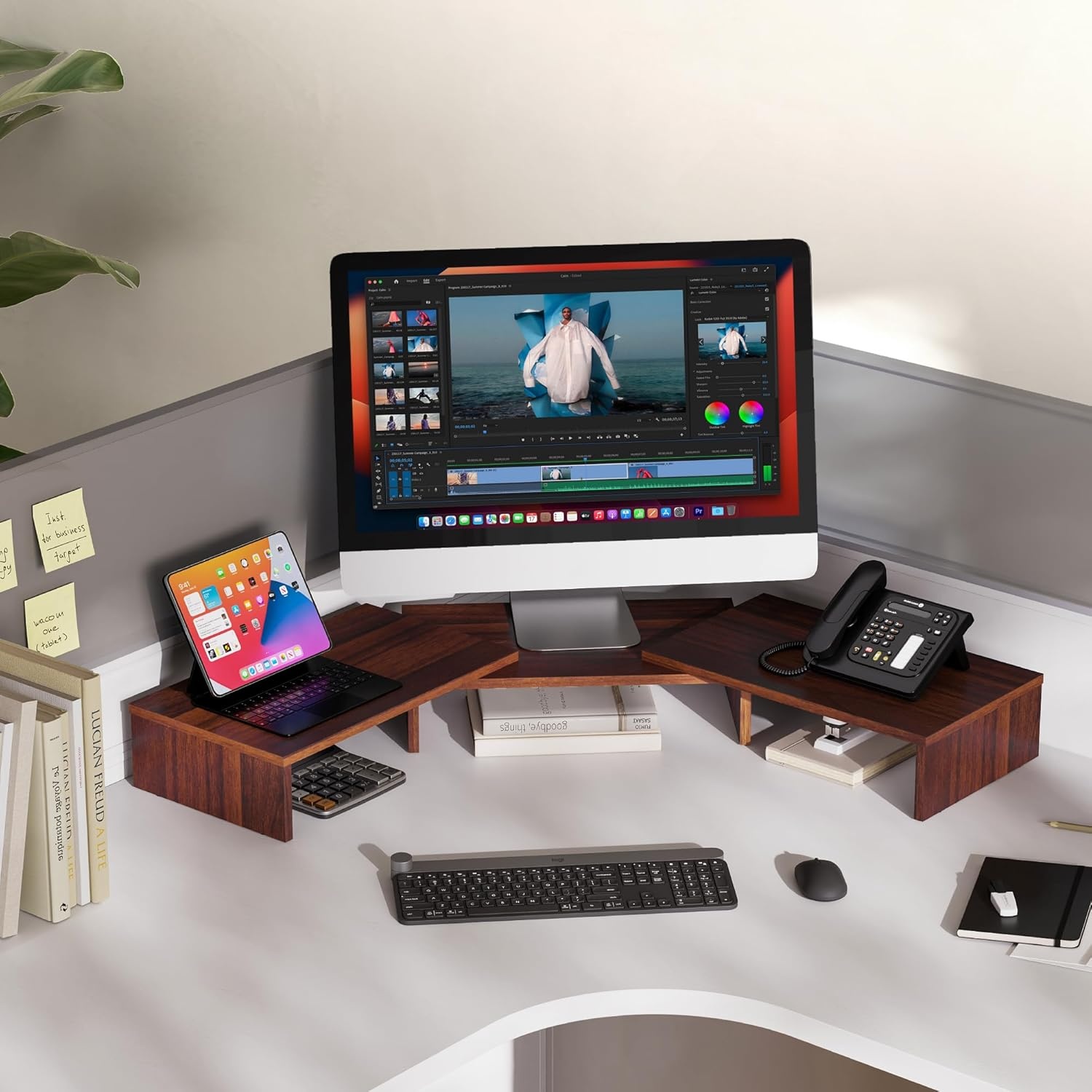image:imageFITUEYES Dual Monitor Stand 3 Shelf Computer Monitor Riser Wood Desktop Stand with Adjustable Length and Angle Desk Accessories Office Supplies Medium Oak DT108006WOBrown