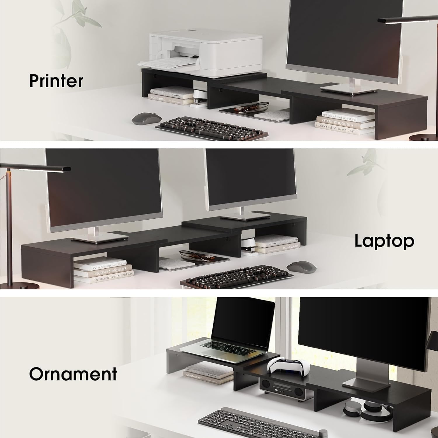 image:imageFITUEYES Dual Monitor Stand 3 Shelf Computer Monitor Riser Wood Desktop Stand with Adjustable Length and Angle Desk Accessories Office Supplies Medium Oak DT108006WOBlack
