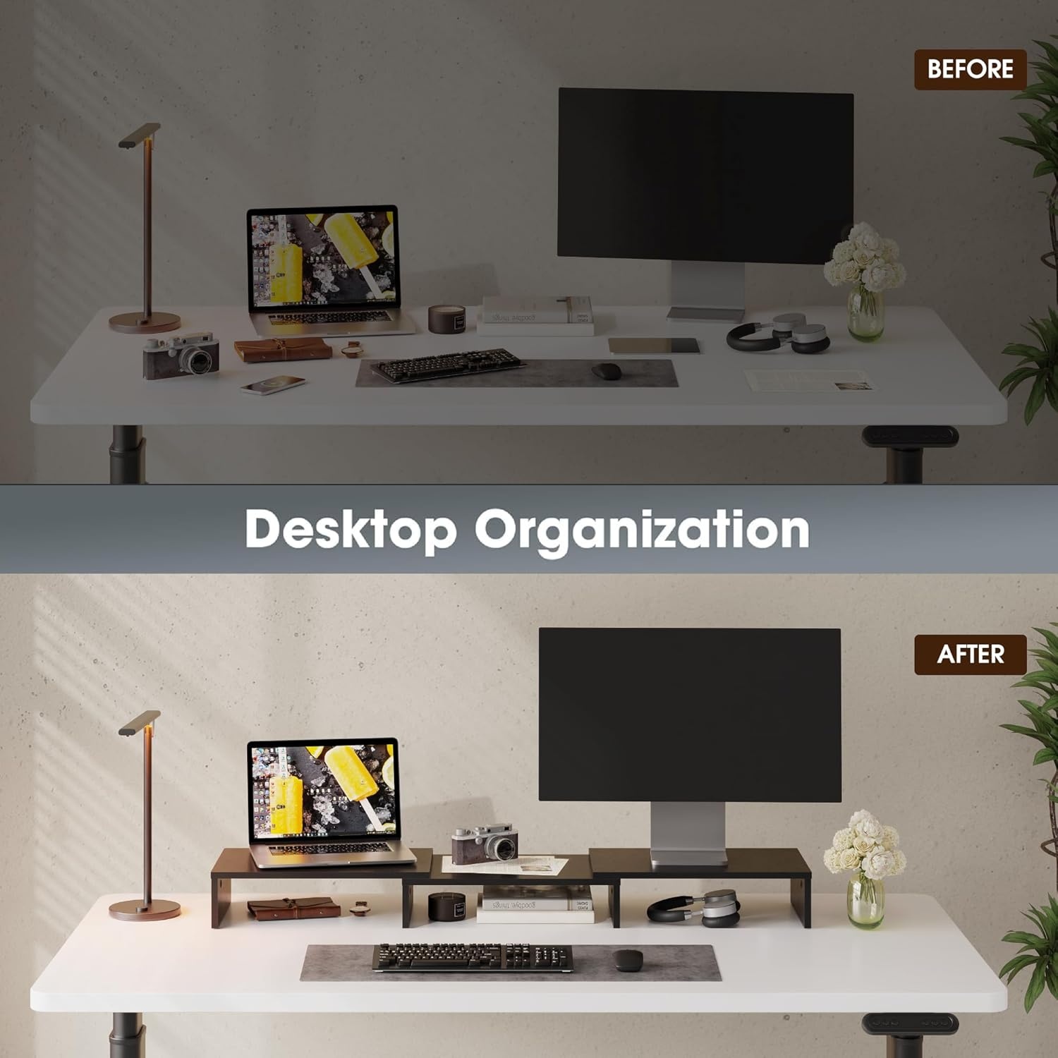 image:imageFITUEYES Dual Monitor Stand 3 Shelf Computer Monitor Riser Wood Desktop Stand with Adjustable Length and Angle Desk Accessories Office Supplies Medium Oak DT108006WOBlack