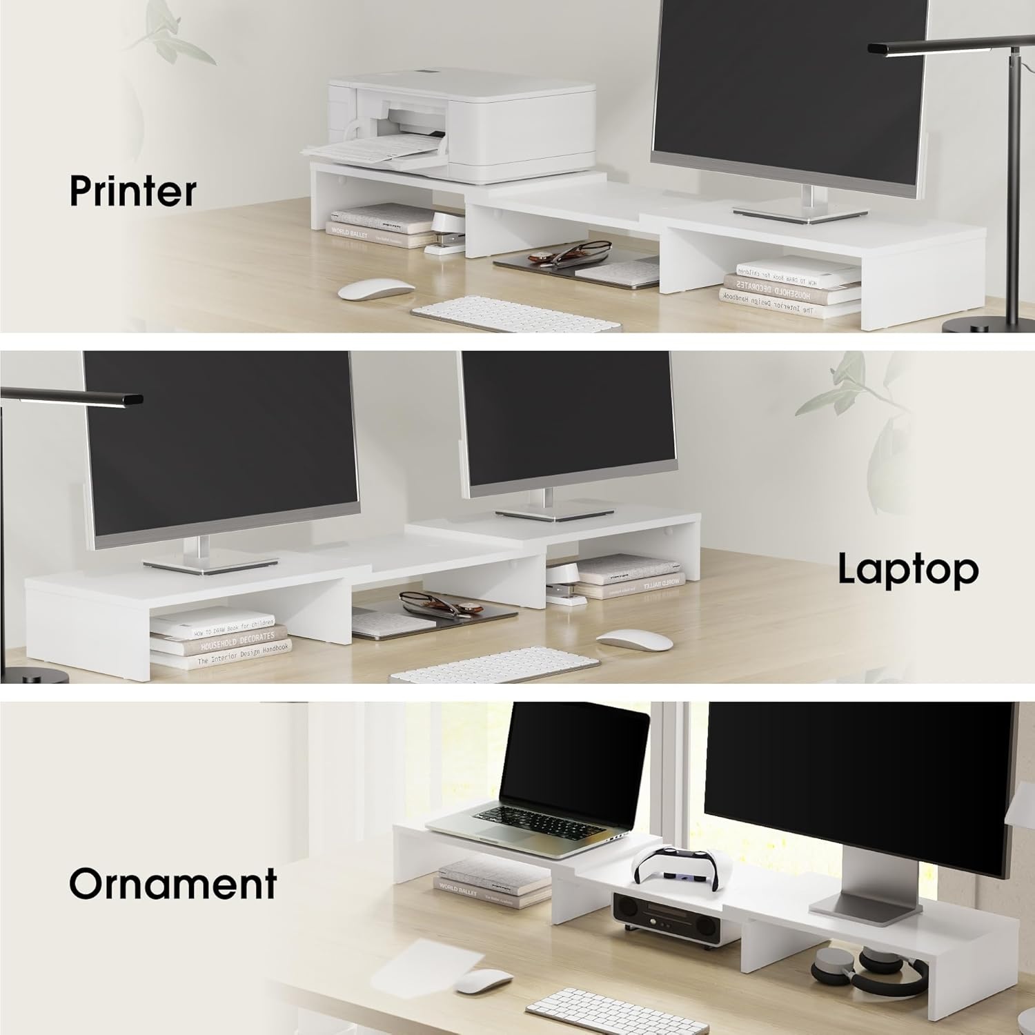 image:imageFITUEYES Dual Monitor Stand 3 Shelf Computer Monitor Riser Wood Desktop Stand with Adjustable Length and Angle Desk Accessories Office Supplies Medium Oak DT108006WOWhite