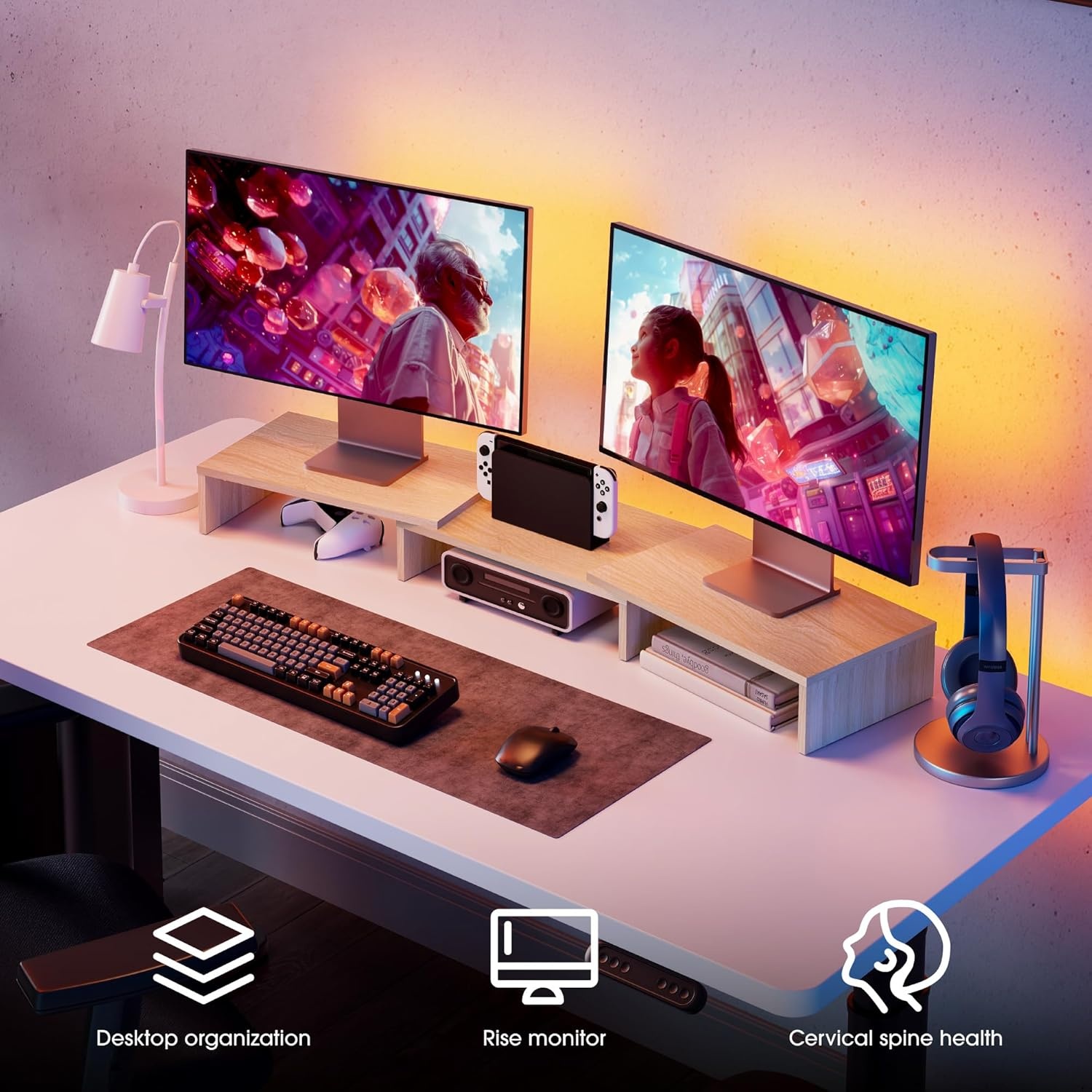 image:imageFITUEYES Dual Monitor Stand 3 Shelf Computer Monitor Riser Wood Desktop Stand with Adjustable Length and Angle Desk Accessories Office Supplies Medium Oak DT108006WOOak