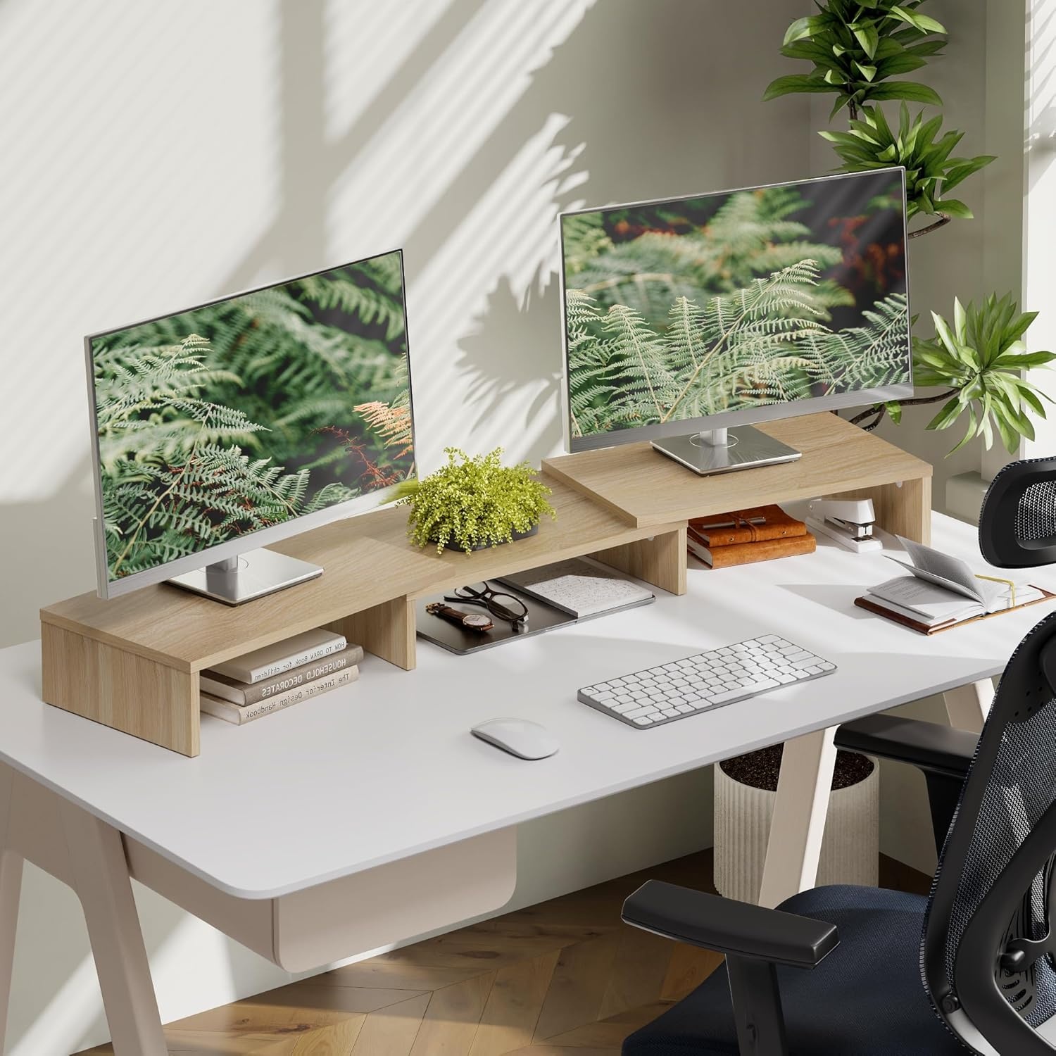 image:imageFITUEYES Dual Monitor Stand 3 Shelf Computer Monitor Riser Wood Desktop Stand with Adjustable Length and Angle Desk Accessories Office Supplies Medium Oak DT108006WOOak