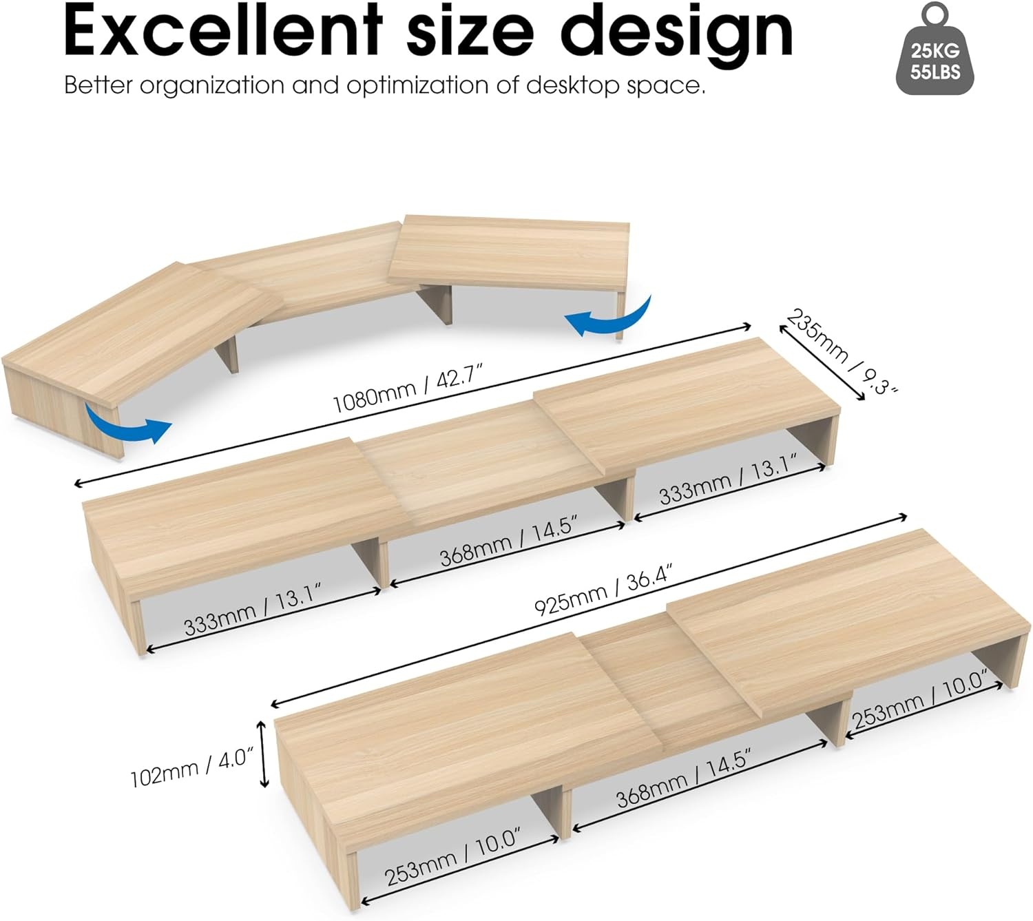 image:imageFITUEYES Dual Monitor Stand 3 Shelf Computer Monitor Riser Wood Desktop Stand with Adjustable Length and Angle Desk Accessories Office Supplies Medium Oak DT108006WOOak