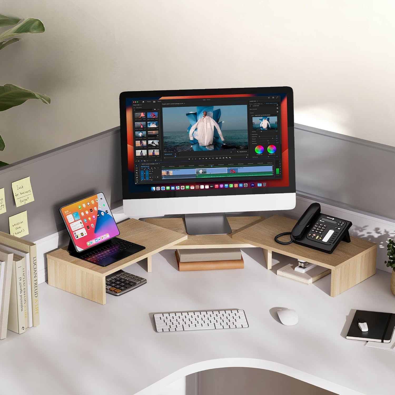 image:imageFITUEYES Dual Monitor Stand 3 Shelf Computer Monitor Riser Wood Desktop Stand with Adjustable Length and Angle Desk Accessories Office Supplies Medium Oak DT108006WOOak