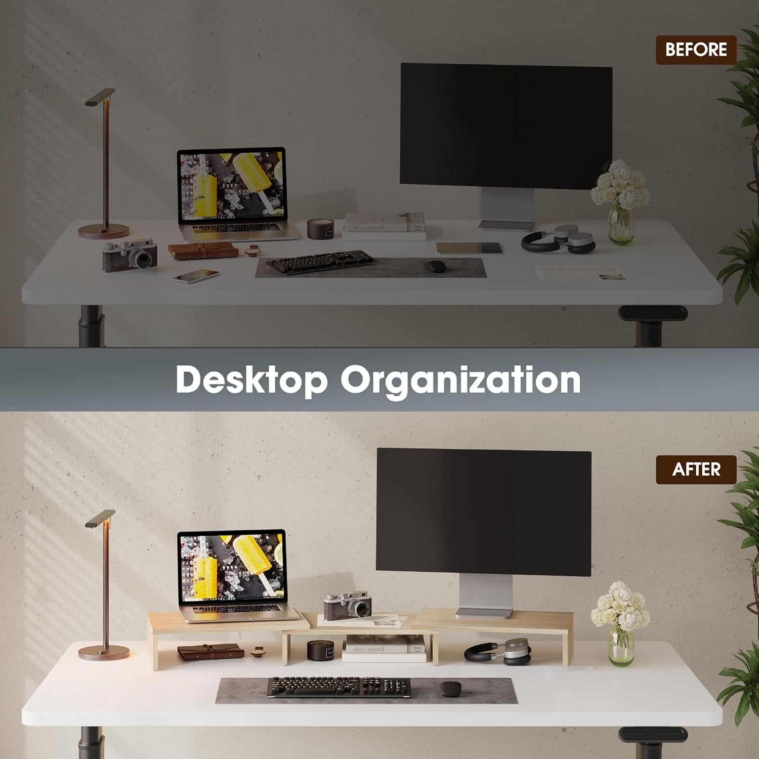 image:imageFITUEYES Dual Monitor Stand 3 Shelf Computer Monitor Riser Wood Desktop Stand with Adjustable Length and Angle Desk Accessories Office Supplies Medium Oak DT108006WOOak