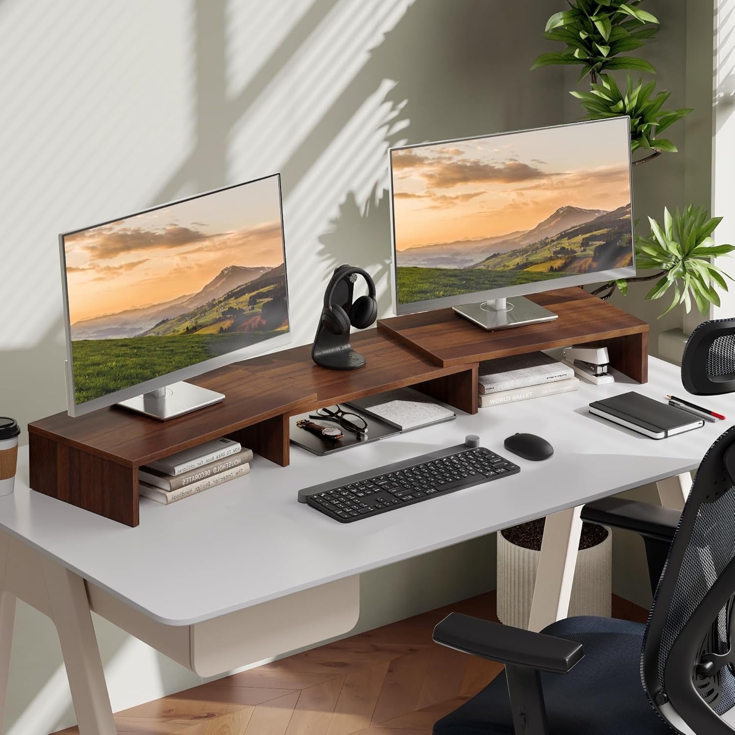 image:imageFITUEYES Dual Monitor Stand 3 Shelf Computer Monitor Riser Wood Desktop Stand with Adjustable Length and Angle Desk Accessories Office Supplies Medium Oak DT108006WOBrown