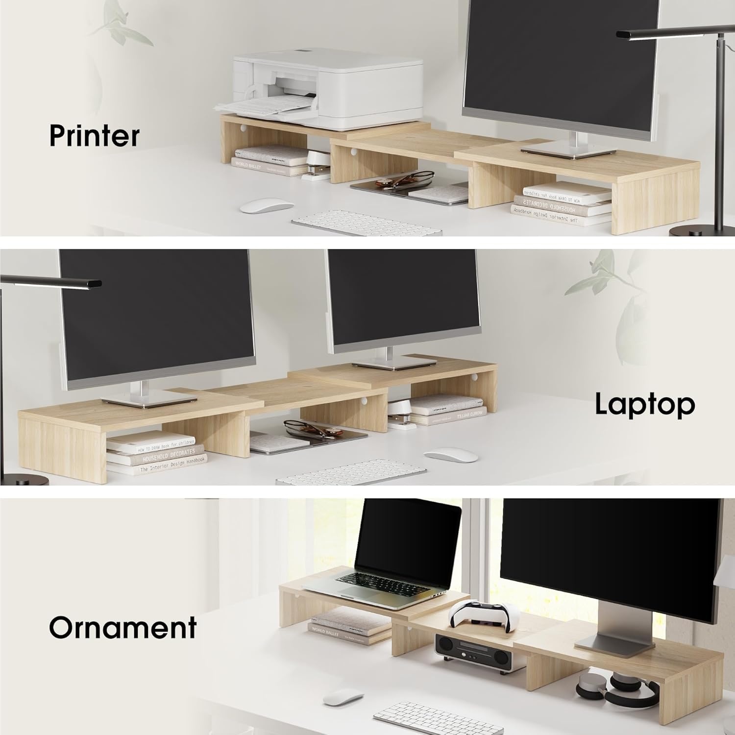 image:imageFITUEYES Dual Monitor Stand 3 Shelf Computer Monitor Riser Wood Desktop Stand with Adjustable Length and Angle Desk Accessories Office Supplies Medium Oak DT108006WOOak