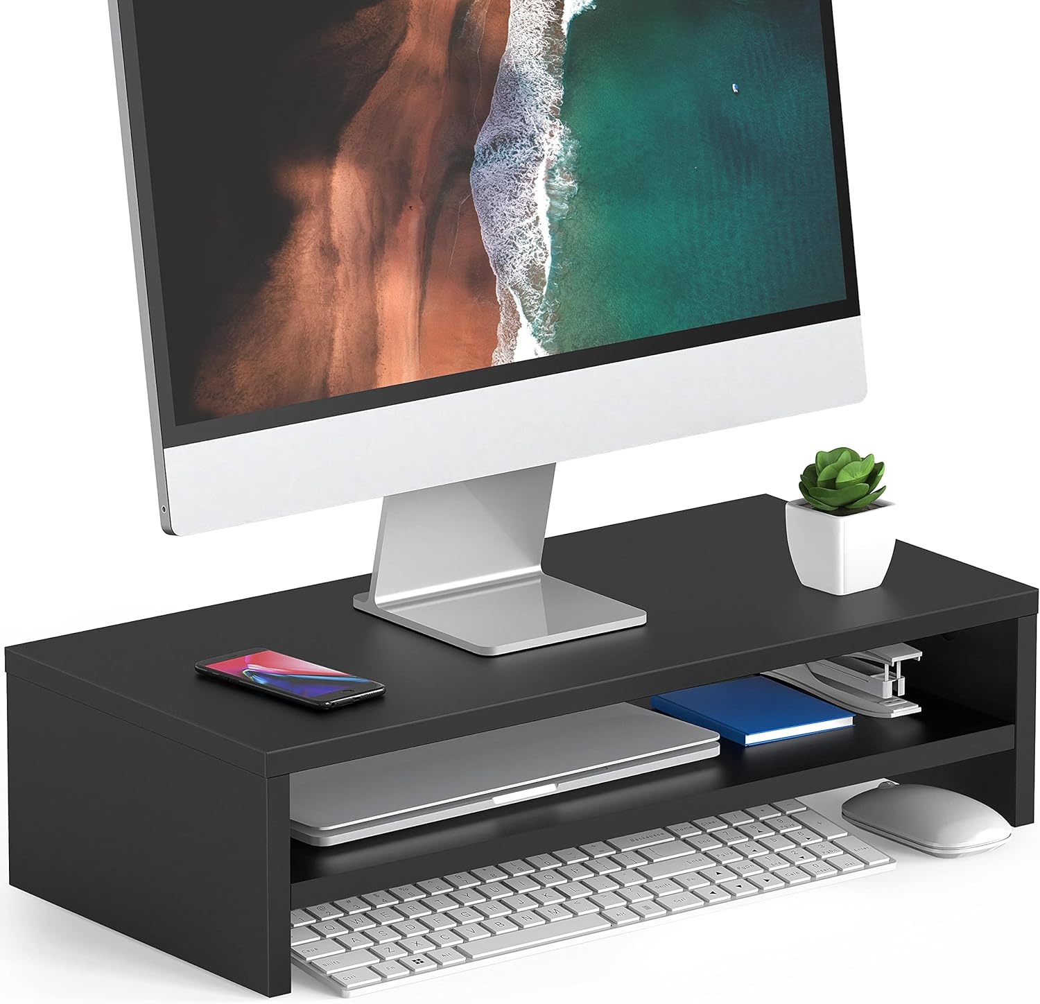 image:imageFITUEYES Monitor Stand 2 Tier Computer Monitor Riser Shelf Wood Desktop Stand for Laptop Computer Screen Desk Organization Office SuppliesBlack