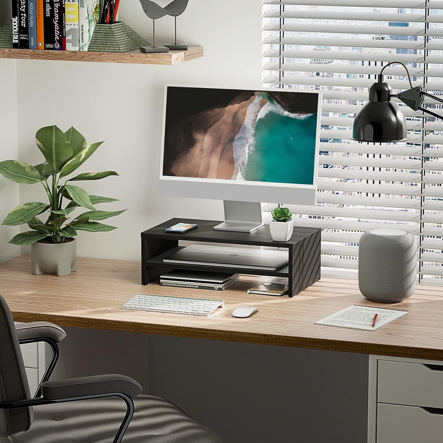 image:imageFITUEYES Monitor Stand 2 Tier Computer Monitor Riser Shelf Wood Desktop Stand for Laptop Computer Screen Desk Organization Office SuppliesBlack