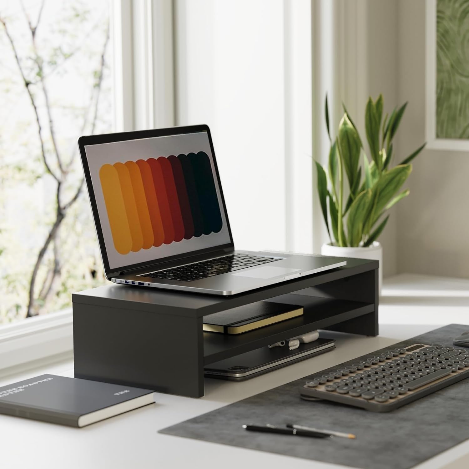 image:imageFITUEYES Monitor Stand 2 Tier Computer Monitor Riser Shelf Wood Desktop Stand for Laptop Computer Screen Desk Organization Office SuppliesBlack