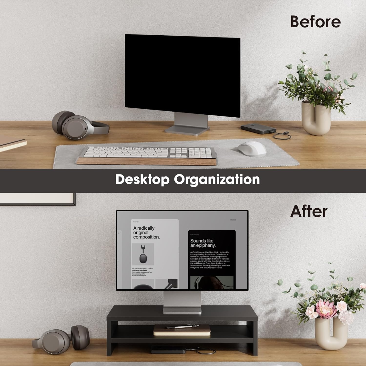 image:imageFITUEYES Monitor Stand 2 Tier Computer Monitor Riser Shelf Wood Desktop Stand for Laptop Computer Screen Desk Organization Office SuppliesBlack