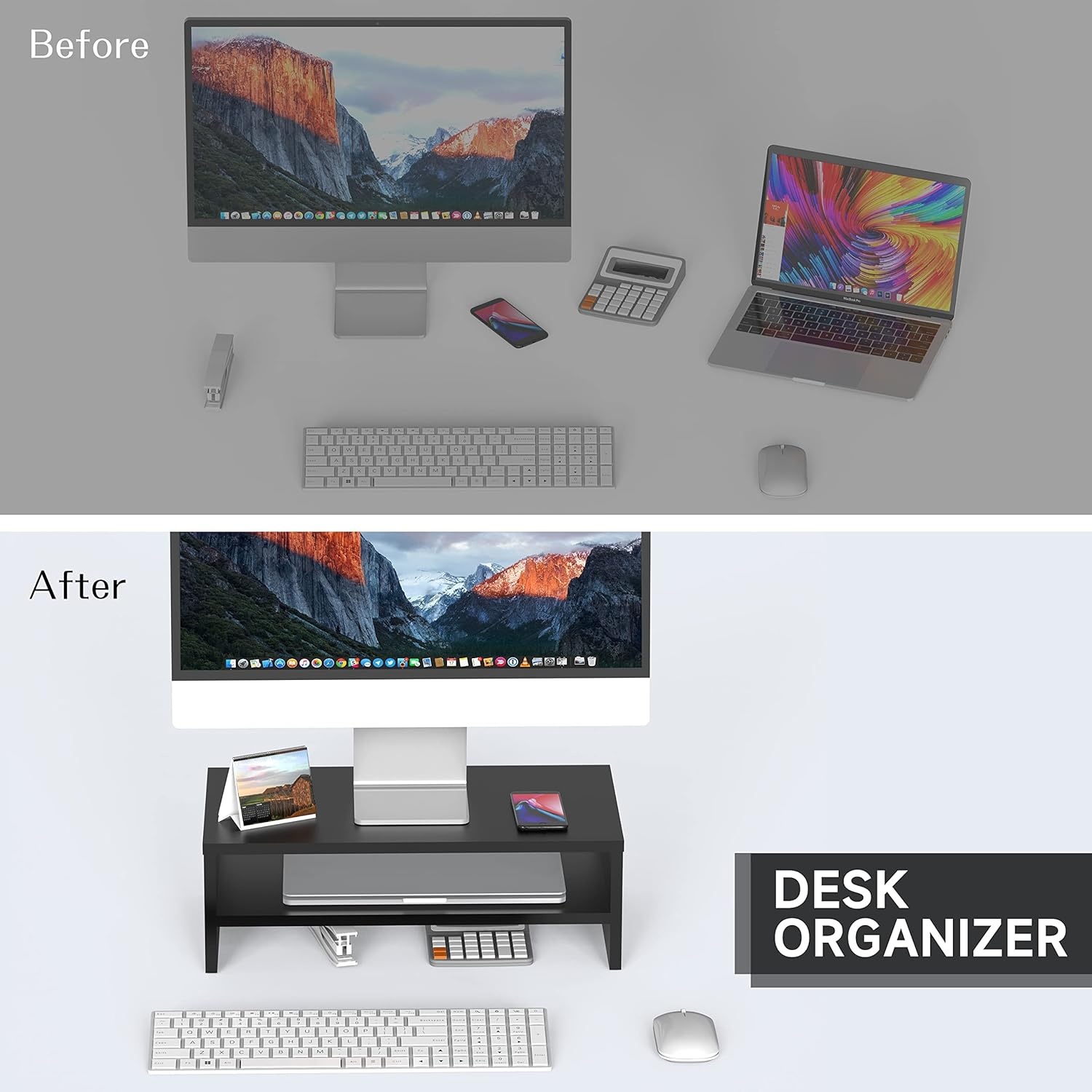 image:imageFITUEYES Monitor Stand 2 Tier Computer Monitor Riser Shelf Wood Desktop Stand for Laptop Computer Screen Desk Organization Office SuppliesBlack