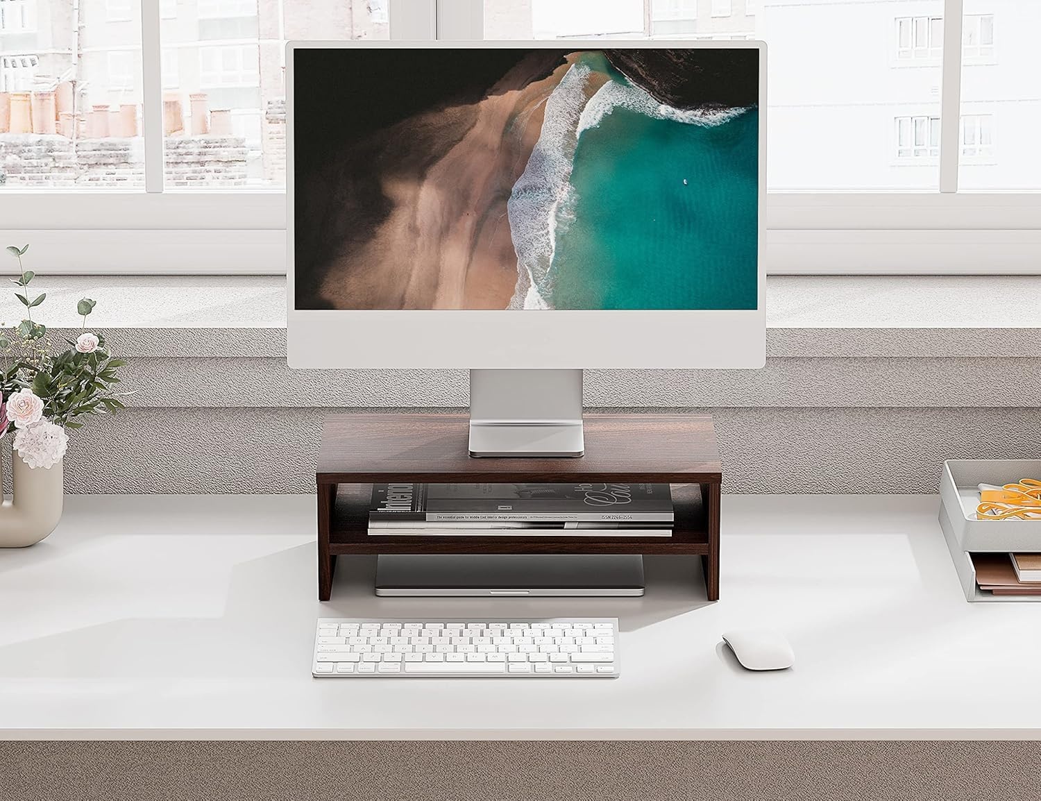 image:imageFITUEYES Monitor Stand 2 Tier Computer Monitor Riser Shelf Wood Desktop Stand for Laptop Computer Screen Desk Organization Office SuppliesBrown