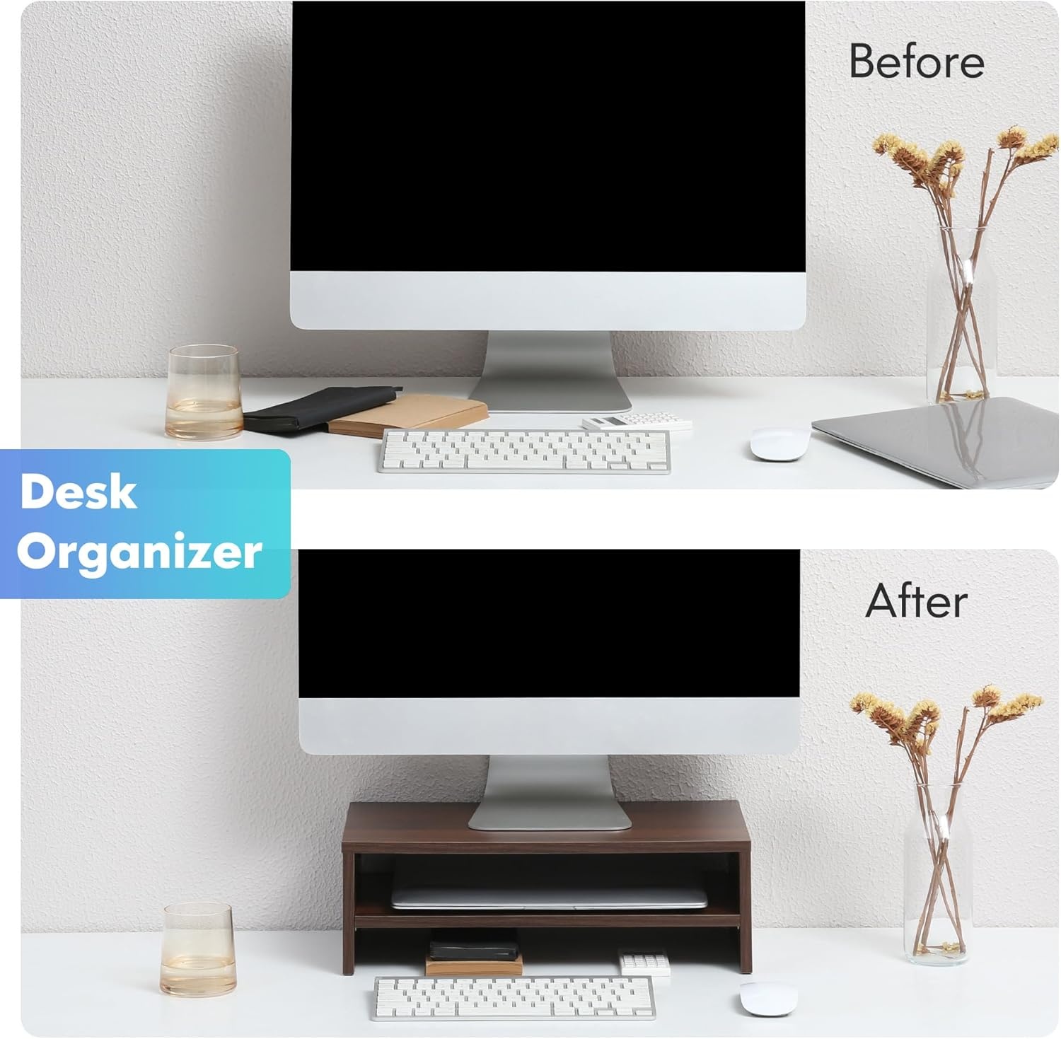 image:imageFITUEYES Monitor Stand 2 Tier Computer Monitor Riser Shelf Wood Desktop Stand for Laptop Computer Screen Desk Organization Office SuppliesBrown