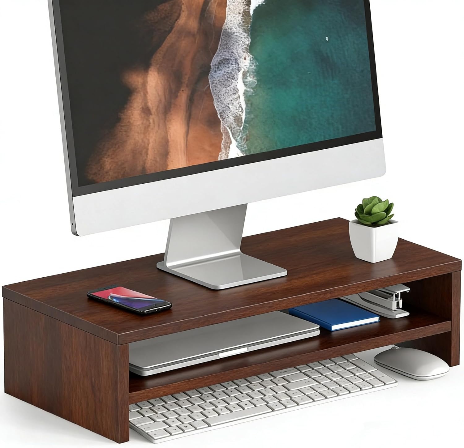 image:imageFITUEYES Monitor Stand 2 Tier Computer Monitor Riser Shelf Wood Desktop Stand for Laptop Computer Screen Desk Organization Office SuppliesBrown