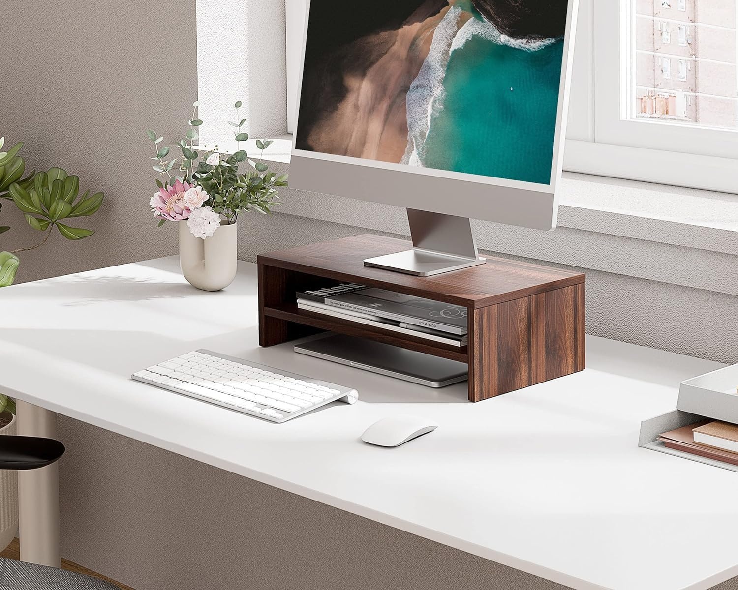 image:imageFITUEYES Monitor Stand 2 Tier Computer Monitor Riser Shelf Wood Desktop Stand for Laptop Computer Screen Desk Organization Office SuppliesBrown