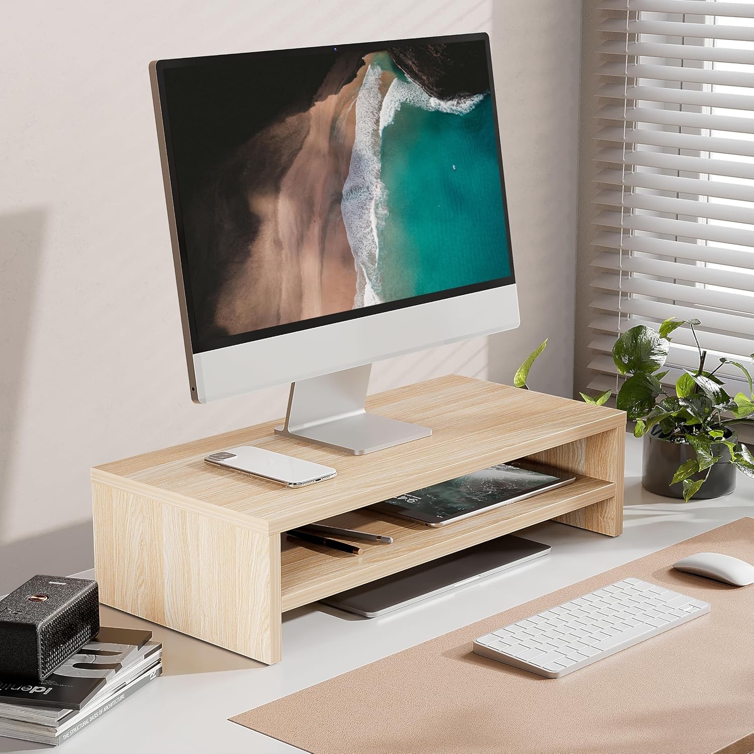 image:imageFITUEYES Monitor Stand 2 Tier Computer Monitor Riser Shelf Wood Desktop Stand for Laptop Computer Screen Desk Organization Office SuppliesOak