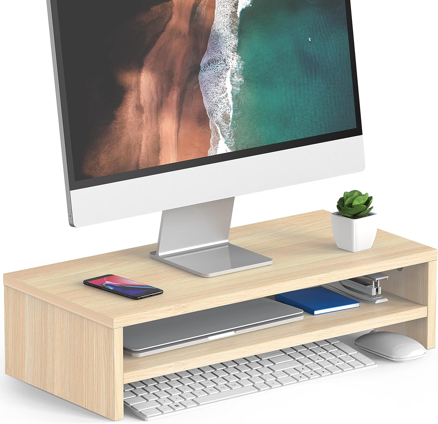 image:imageFITUEYES Monitor Stand 2 Tier Computer Monitor Riser Shelf Wood Desktop Stand for Laptop Computer Screen Desk Organization Office SuppliesOak