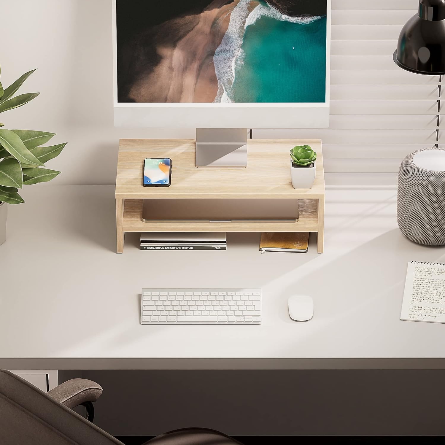 image:imageFITUEYES Monitor Stand 2 Tier Computer Monitor Riser Shelf Wood Desktop Stand for Laptop Computer Screen Desk Organization Office SuppliesOak
