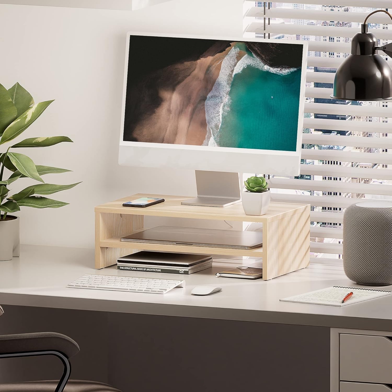 image:imageFITUEYES Monitor Stand 2 Tier Computer Monitor Riser Shelf Wood Desktop Stand for Laptop Computer Screen Desk Organization Office SuppliesOak