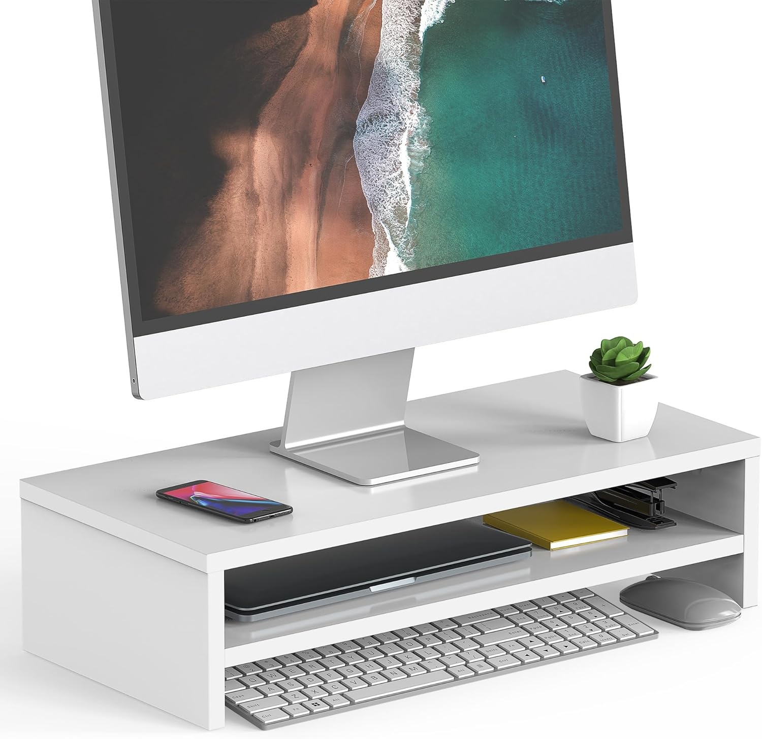 image:imageFITUEYES Monitor Stand 2 Tier Computer Monitor Riser Shelf Wood Desktop Stand for Laptop Computer Screen Desk Organization Office SuppliesWhite