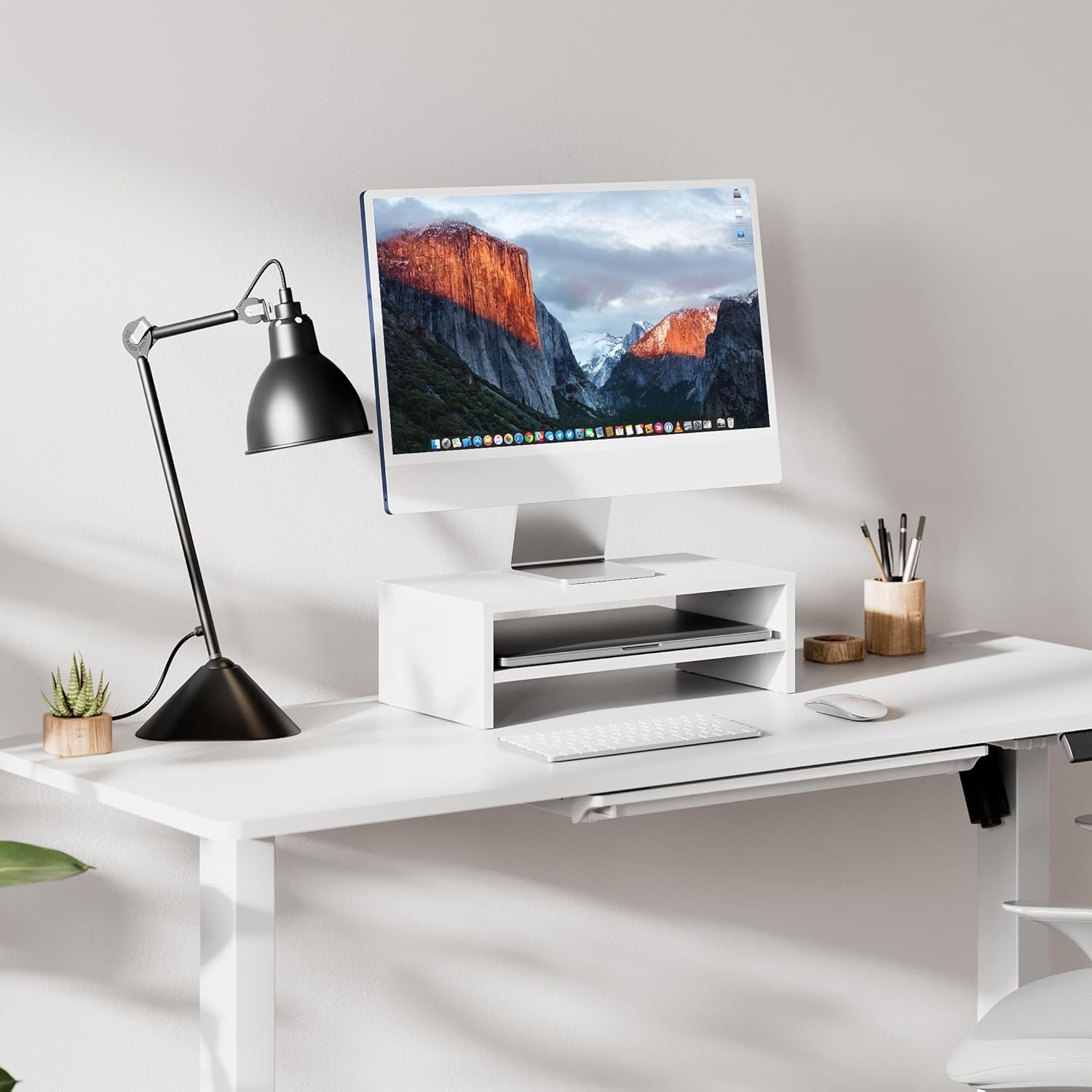 image:imageFITUEYES Monitor Stand 2 Tier Computer Monitor Riser Shelf Wood Desktop Stand for Laptop Computer Screen Desk Organization Office SuppliesWhite