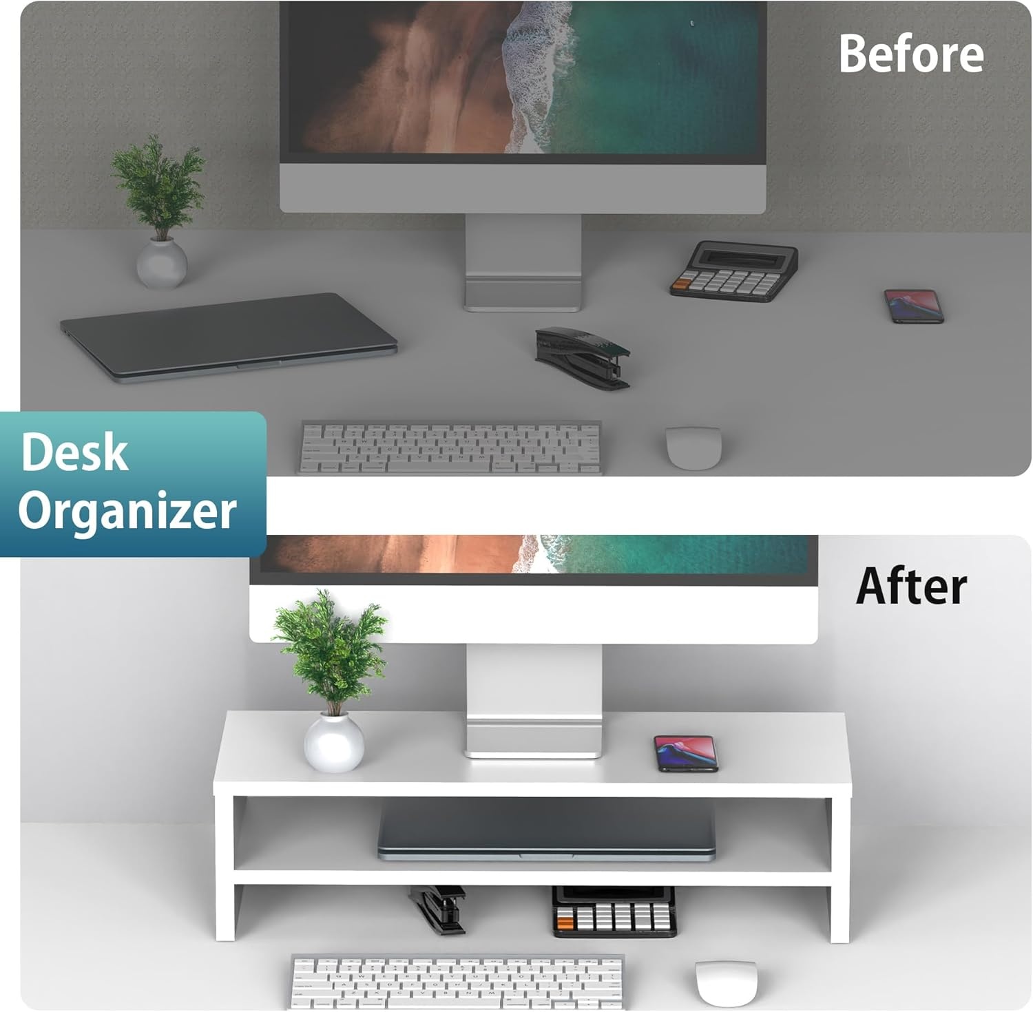 image:imageFITUEYES Monitor Stand 2 Tier Computer Monitor Riser Shelf Wood Desktop Stand for Laptop Computer Screen Desk Organization Office SuppliesWhite
