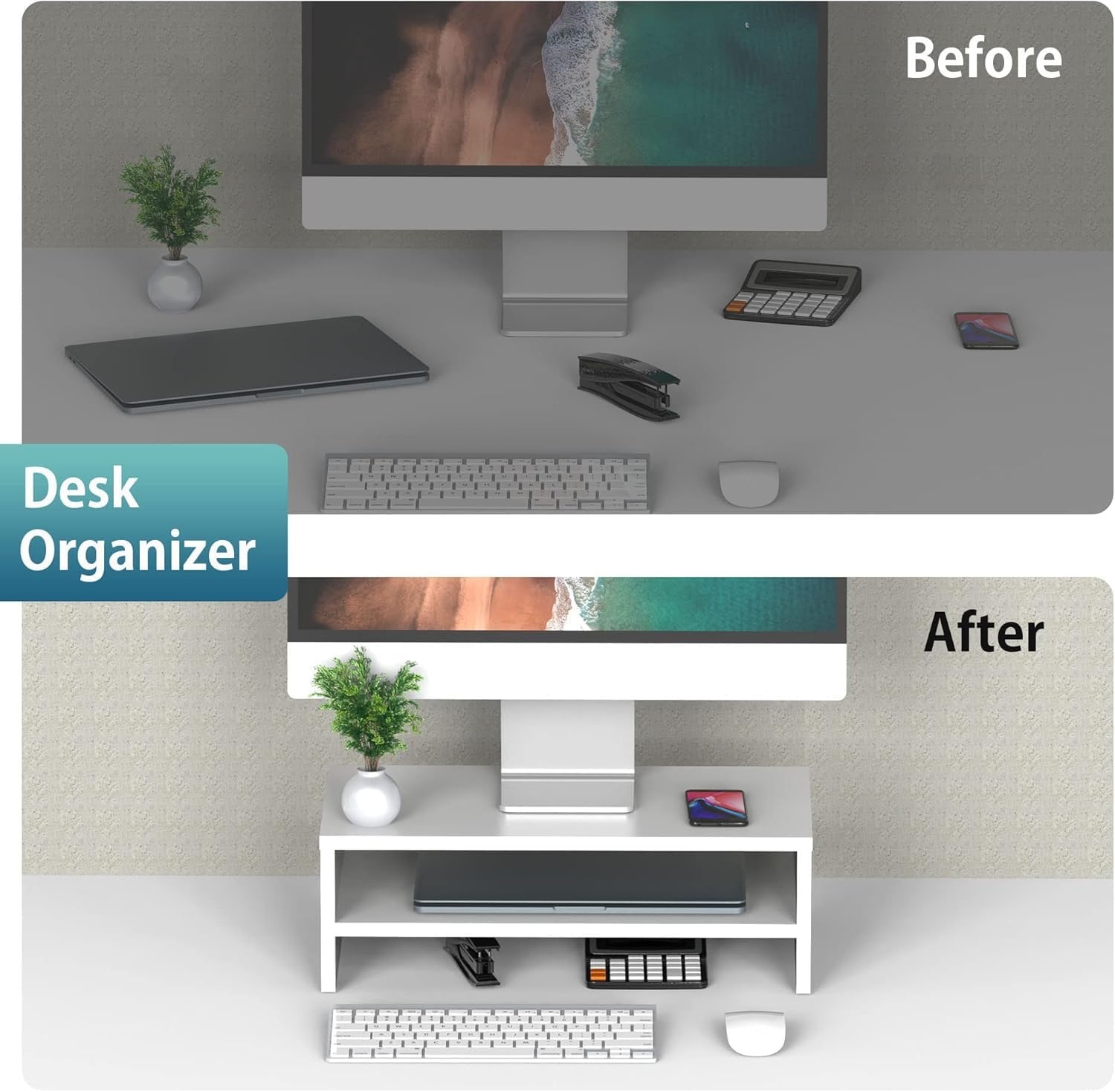 image:imageFITUEYES Monitor Stand 2 Tier Computer Monitor Riser Shelf Wood Desktop Stand for Laptop Computer Screen Desk Organization Office SuppliesWhite