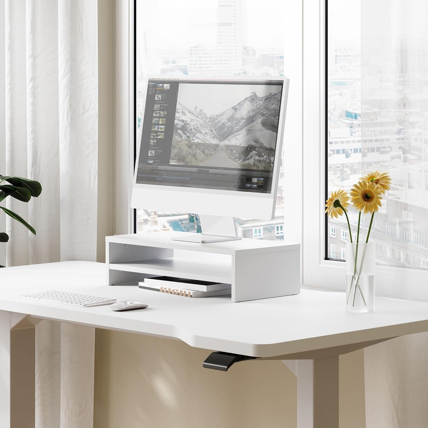 image:imageFITUEYES Monitor Stand 2 Tier Computer Monitor Riser Shelf Wood Desktop Stand for Laptop Computer Screen Desk Organization Office SuppliesWhite