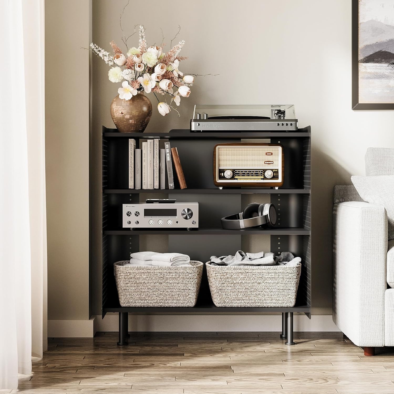 image:imageFenge 4 Tier Bookshelf Modern Open Bookcase with Pegboard 243 Inches Small Book Shelf Storage Organizer with Adjustable Shelves for Living Room Bedroom Home OfficeBlack