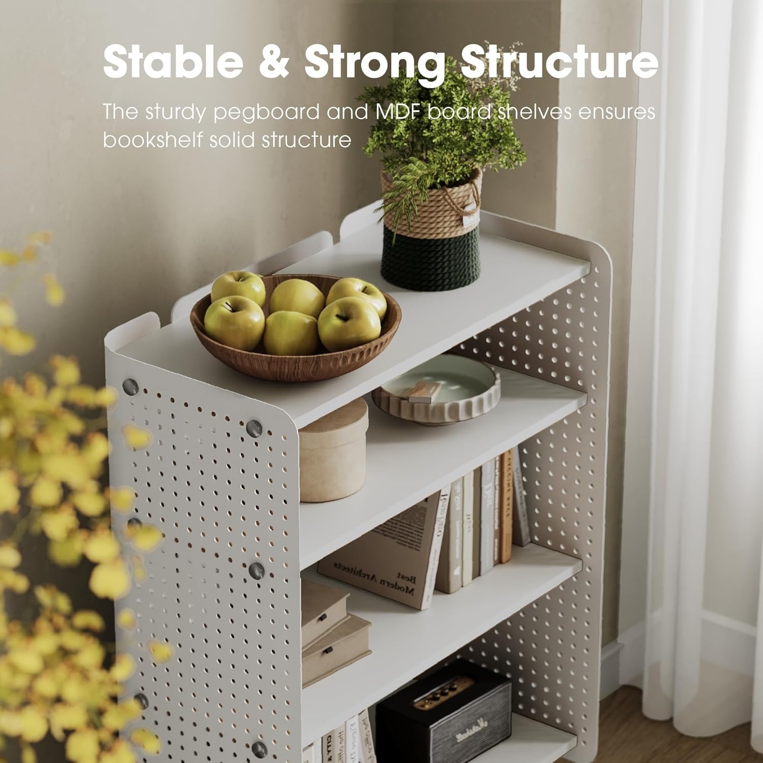 image:imageFenge 4 Tier Bookshelf Modern Open Bookcase with Pegboard 243 Inches Small Book Shelf Storage Organizer with Adjustable Shelves for Living Room Bedroom Home OfficeWhite