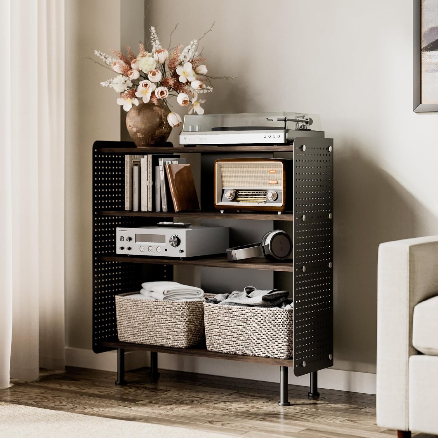 image:imageFenge 4 Tier Bookshelf Modern Open Bookcase with Pegboard 243 Inches Small Book Shelf Storage Organizer with Adjustable Shelves for Living Room Bedroom Home OfficeBrown