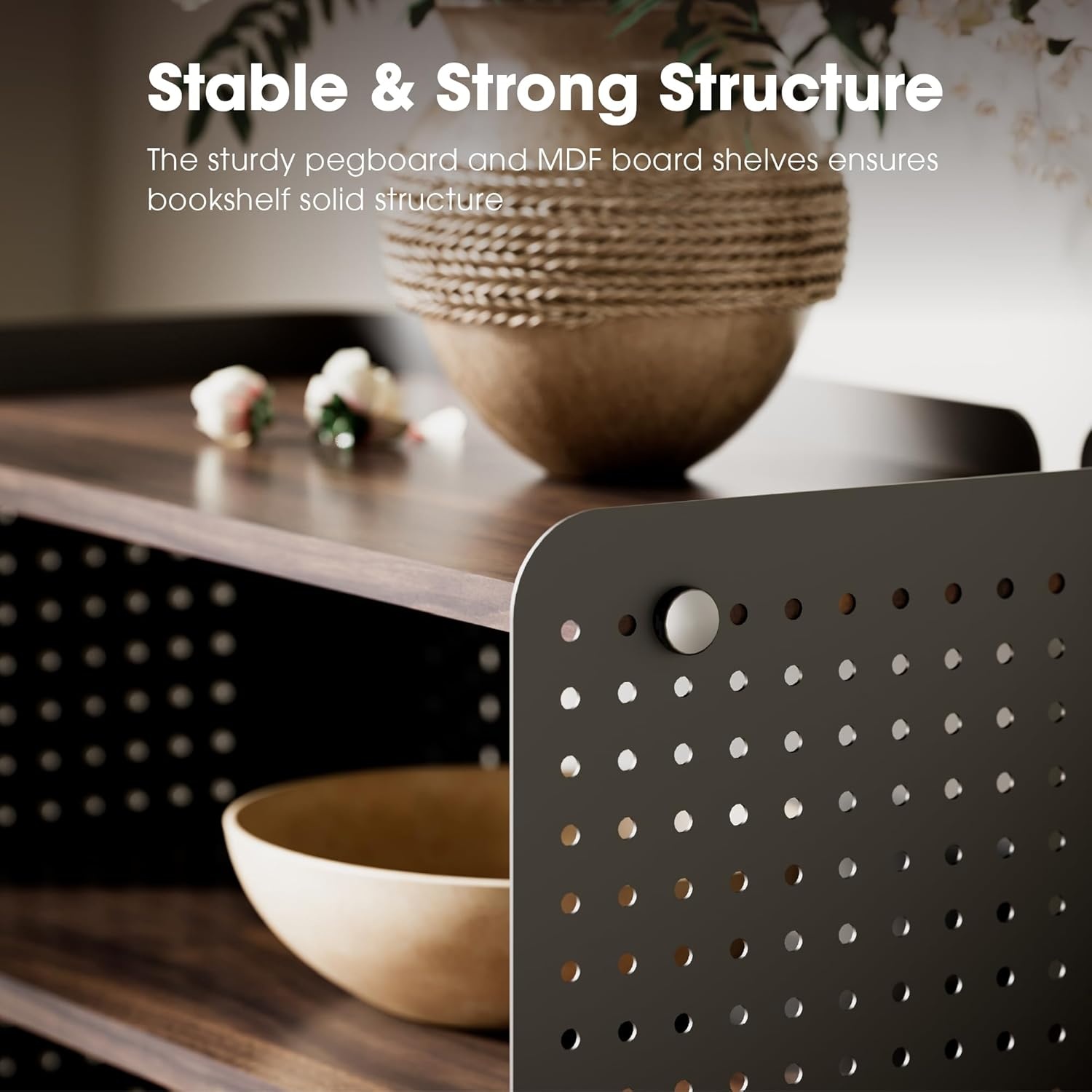 image:imageFenge 4 Tier Bookshelf Modern Open Bookcase with Pegboard 243 Inches Small Book Shelf Storage Organizer with Adjustable Shelves for Living Room Bedroom Home OfficeBrown