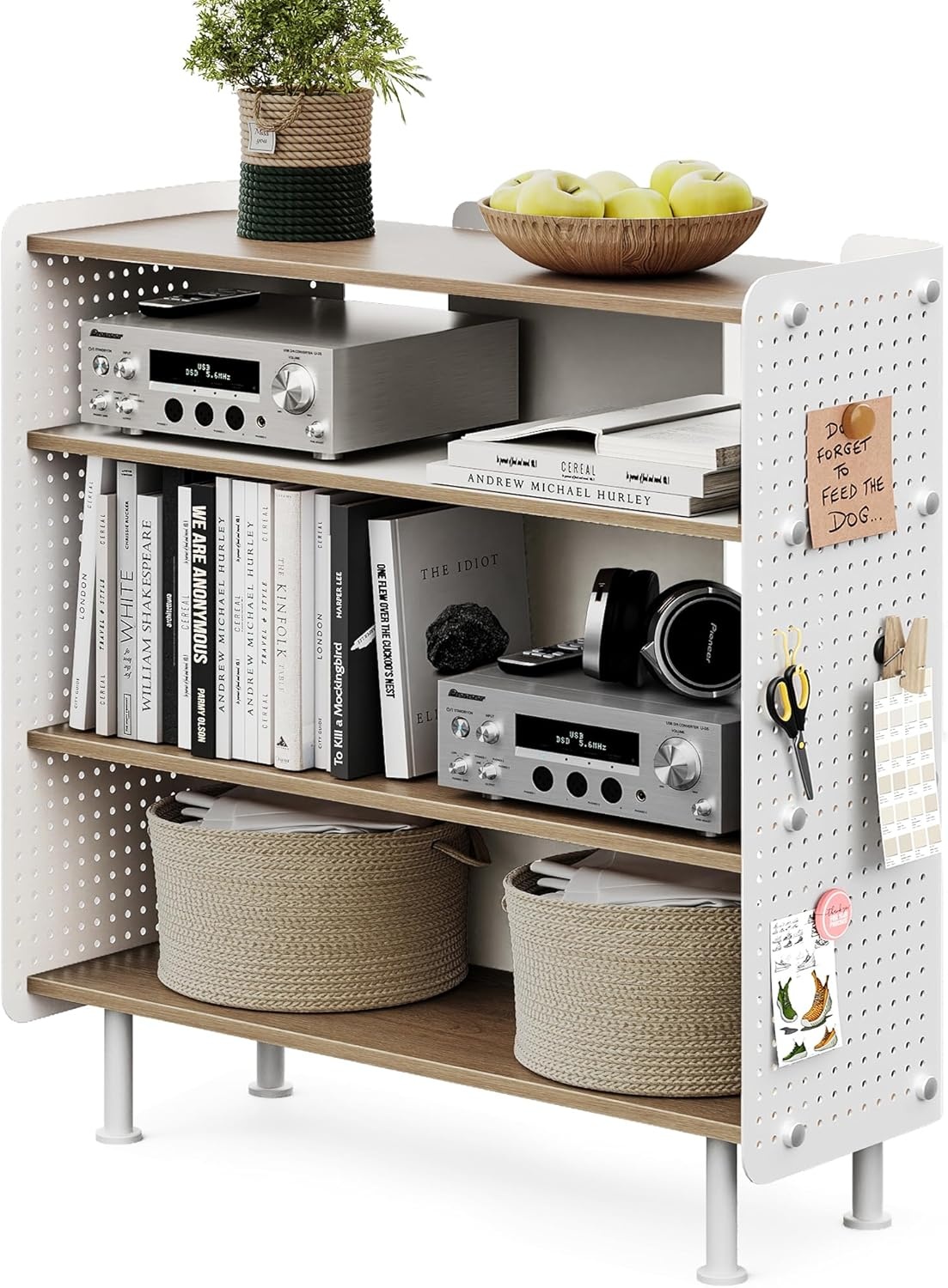 image:imageFenge 4 Tier Bookshelf Modern Open Bookcase with Pegboard 243 Inches Small Book Shelf Storage Organizer with Adjustable Shelves for Living Room Bedroom Home OfficeOak