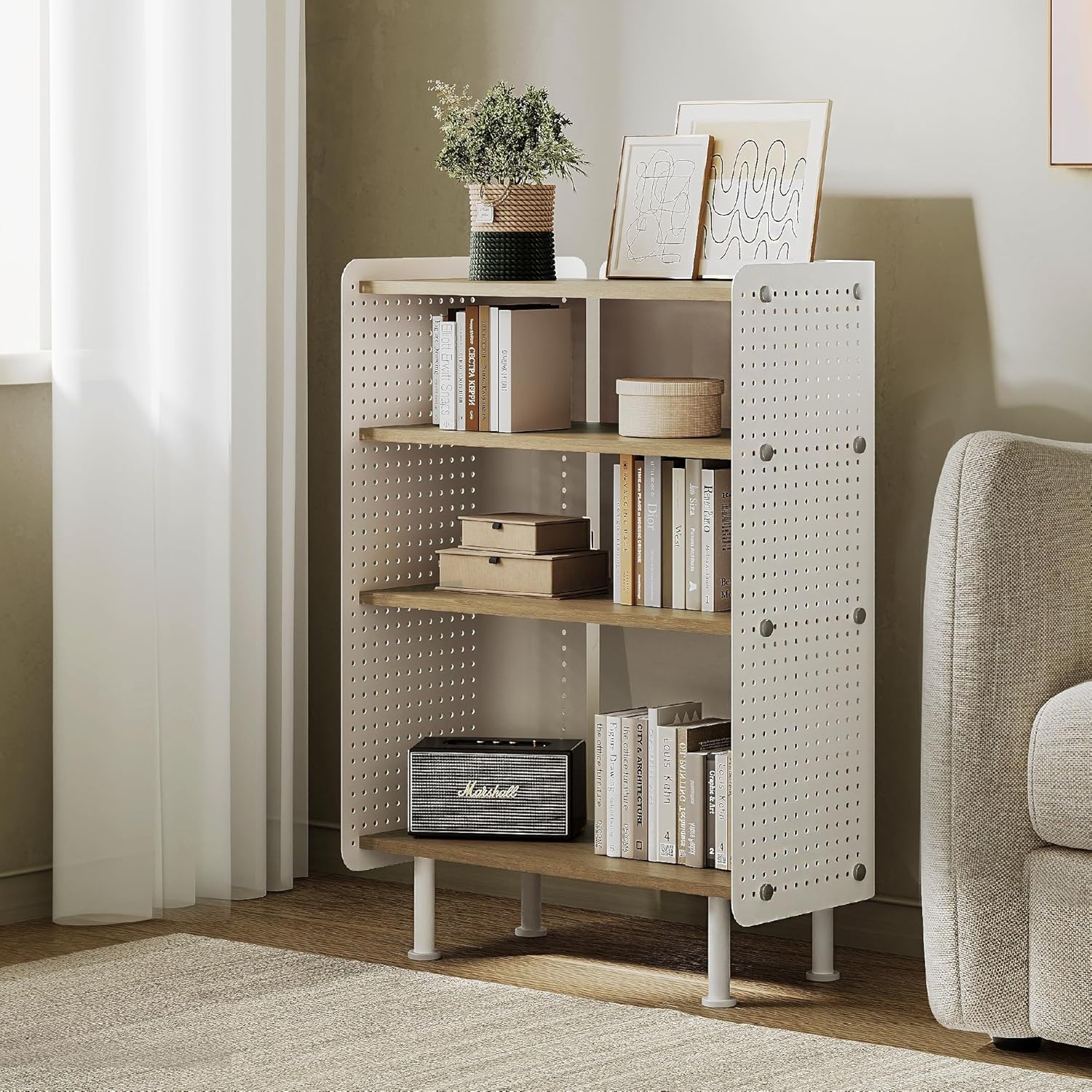image:imageFenge 4 Tier Bookshelf Modern Open Bookcase with Pegboard 243 Inches Small Book Shelf Storage Organizer with Adjustable Shelves for Living Room Bedroom Home OfficeOak