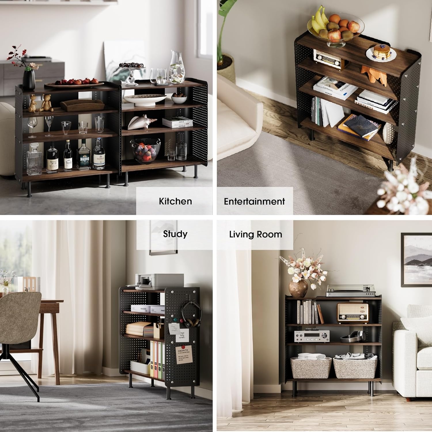 image:imageFenge 4 Tier Bookshelf Modern Open Bookcase with Pegboard 243 Inches Small Book Shelf Storage Organizer with Adjustable Shelves for Living Room Bedroom Home OfficeBrown