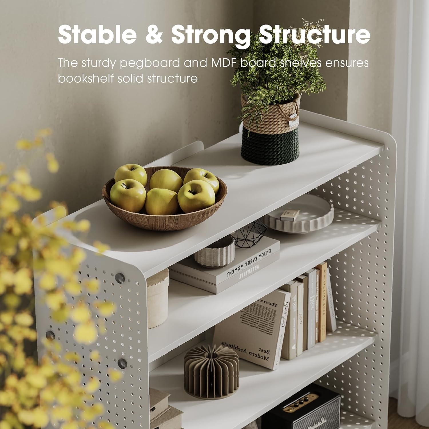 image:imageFenge 4 Tier Bookshelf Modern Open Bookcase with Pegboard 243 Inches Small Book Shelf Storage Organizer with Adjustable Shelves for Living Room Bedroom Home OfficeWhite