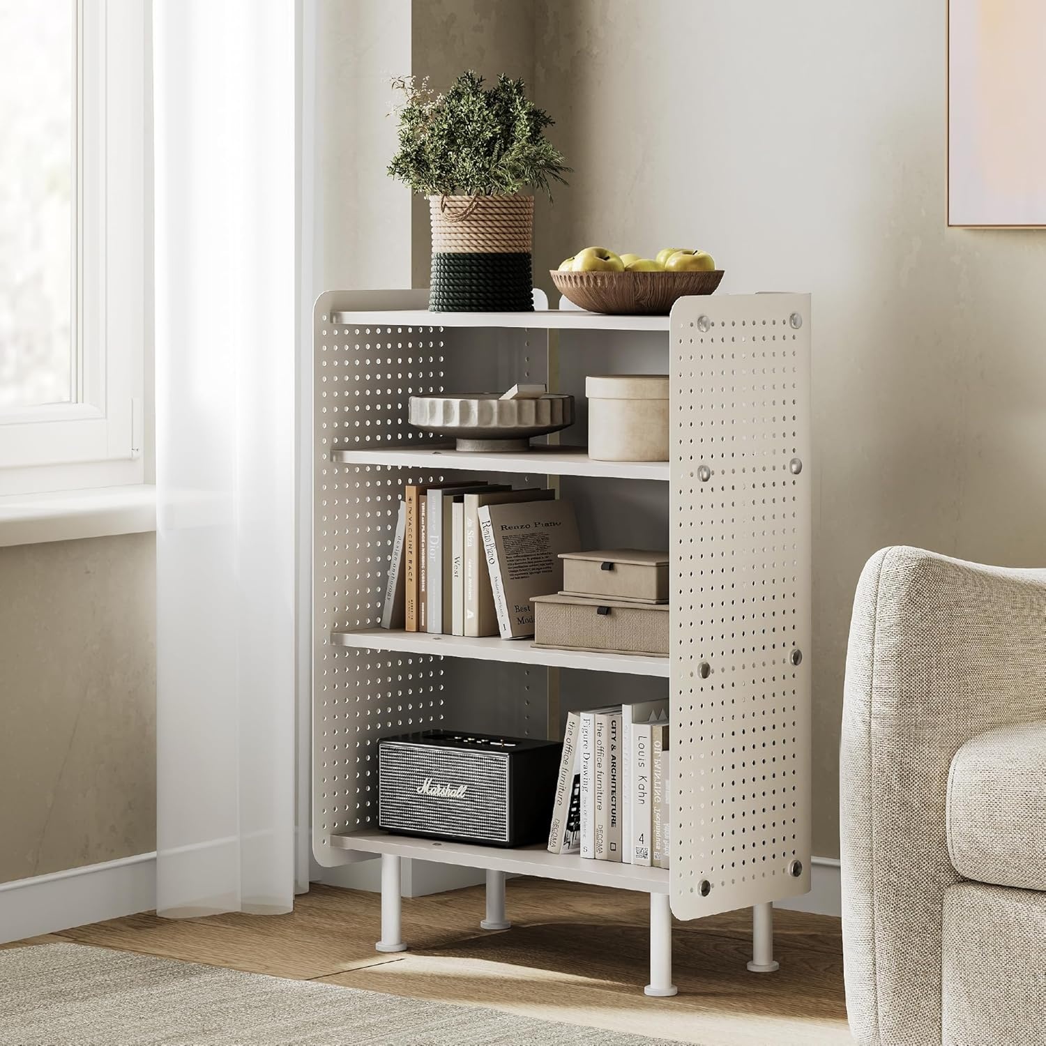 image:imageFenge 4 Tier Bookshelf Modern Open Bookcase with Pegboard 243 Inches Small Book Shelf Storage Organizer with Adjustable Shelves for Living Room Bedroom Home OfficeWhite