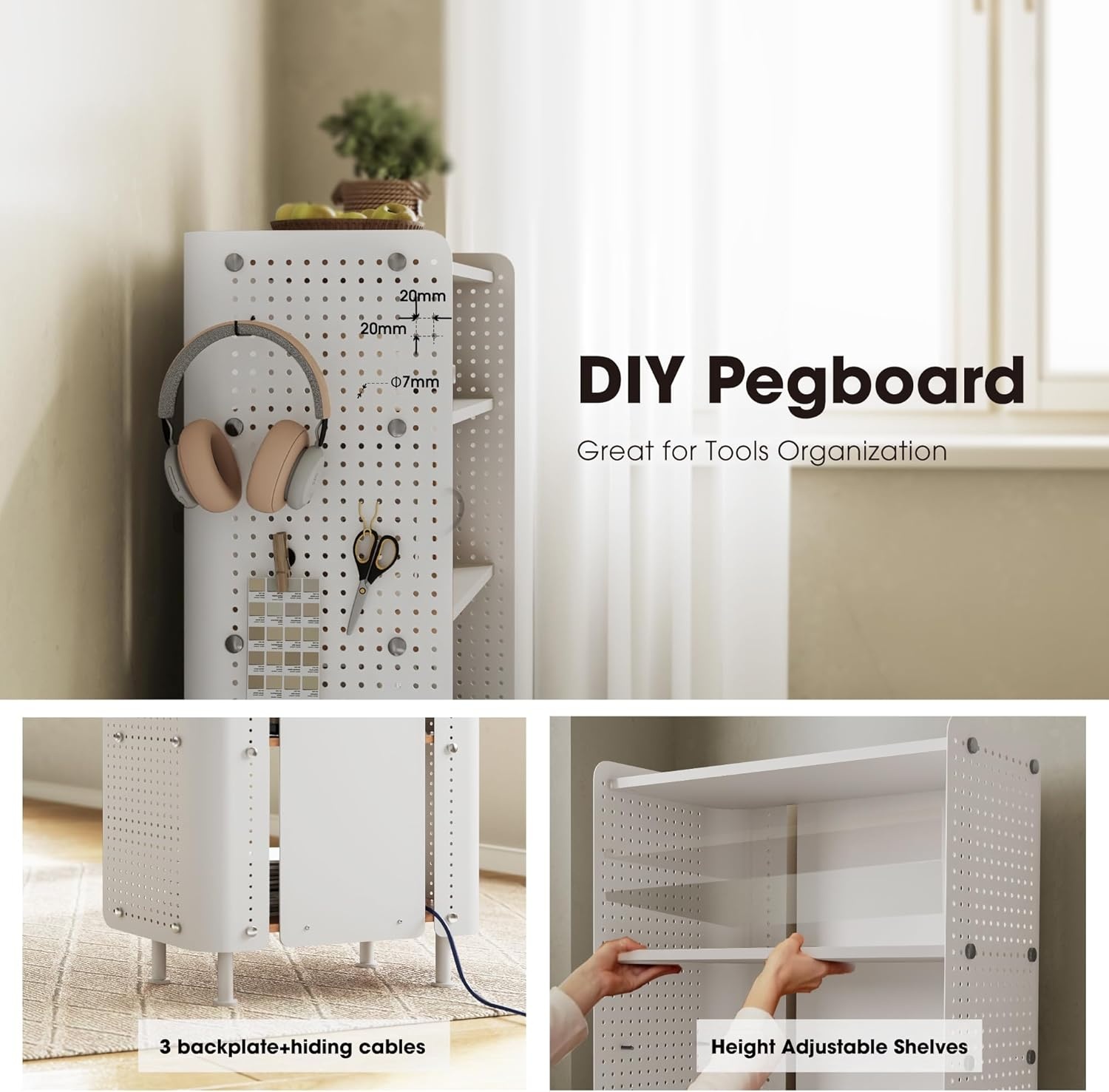 image:imageFenge 4 Tier Bookshelf Modern Open Bookcase with Pegboard 243 Inches Small Book Shelf Storage Organizer with Adjustable Shelves for Living Room Bedroom Home OfficeWhite