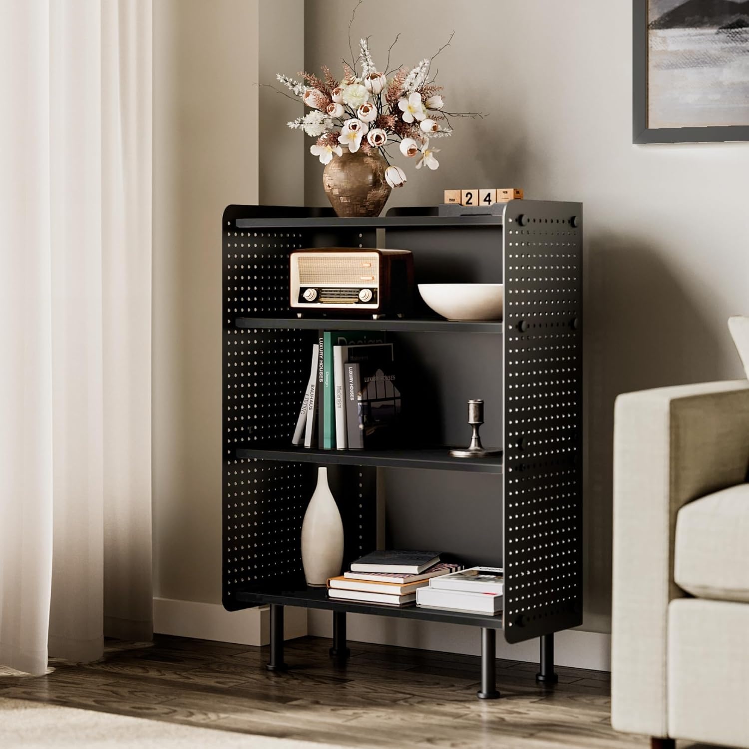 image:imageFenge 4 Tier Bookshelf Modern Open Bookcase with Pegboard 243 Inches Small Book Shelf Storage Organizer with Adjustable Shelves for Living Room Bedroom Home OfficeBlack