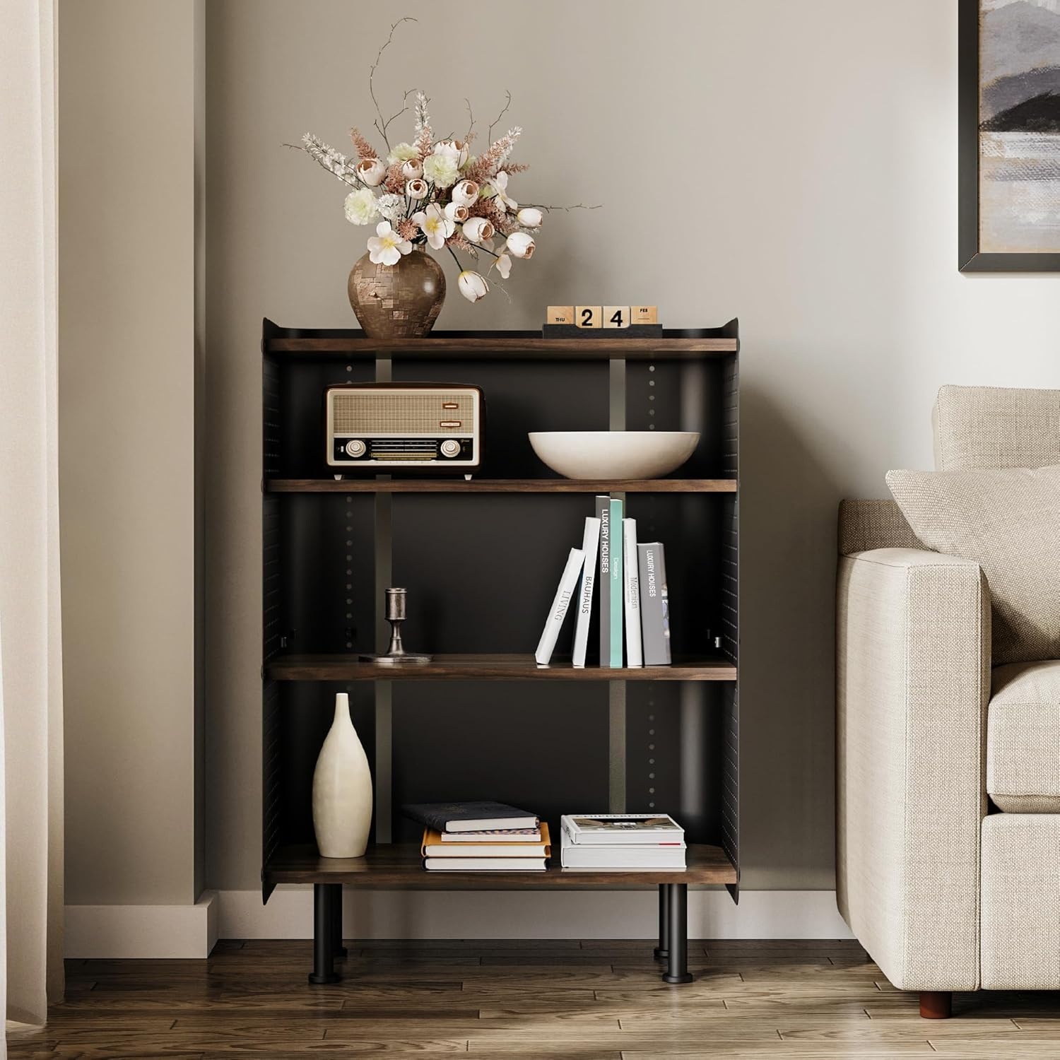 image:imageFenge 4 Tier Bookshelf Modern Open Bookcase with Pegboard 243 Inches Small Book Shelf Storage Organizer with Adjustable Shelves for Living Room Bedroom Home OfficeBrown